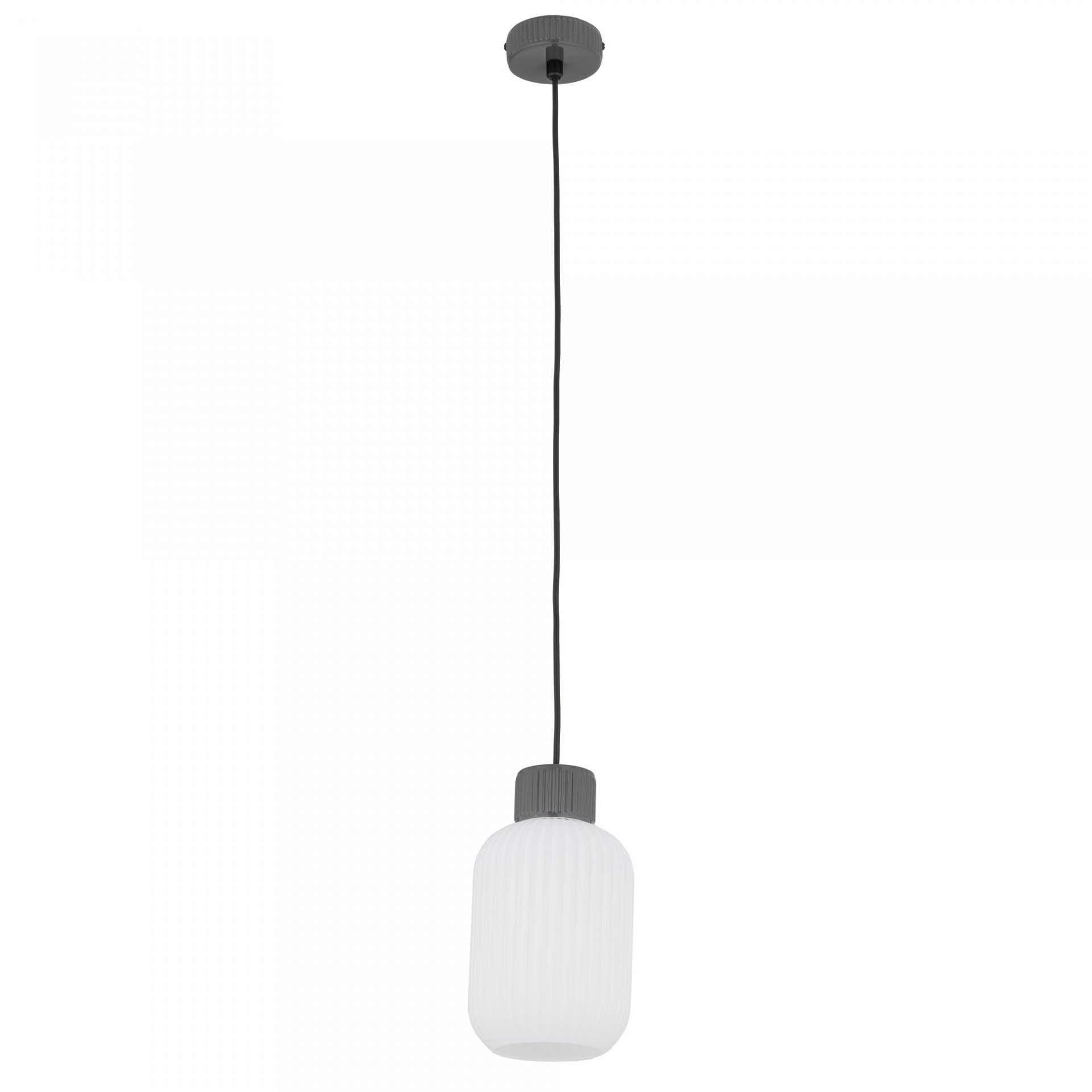 Na obrazie widoczna jest wisząca lampa z białym, żebrowanym kloszem i czarnym przewodem. Lampa ma prosty, nowoczesny design.