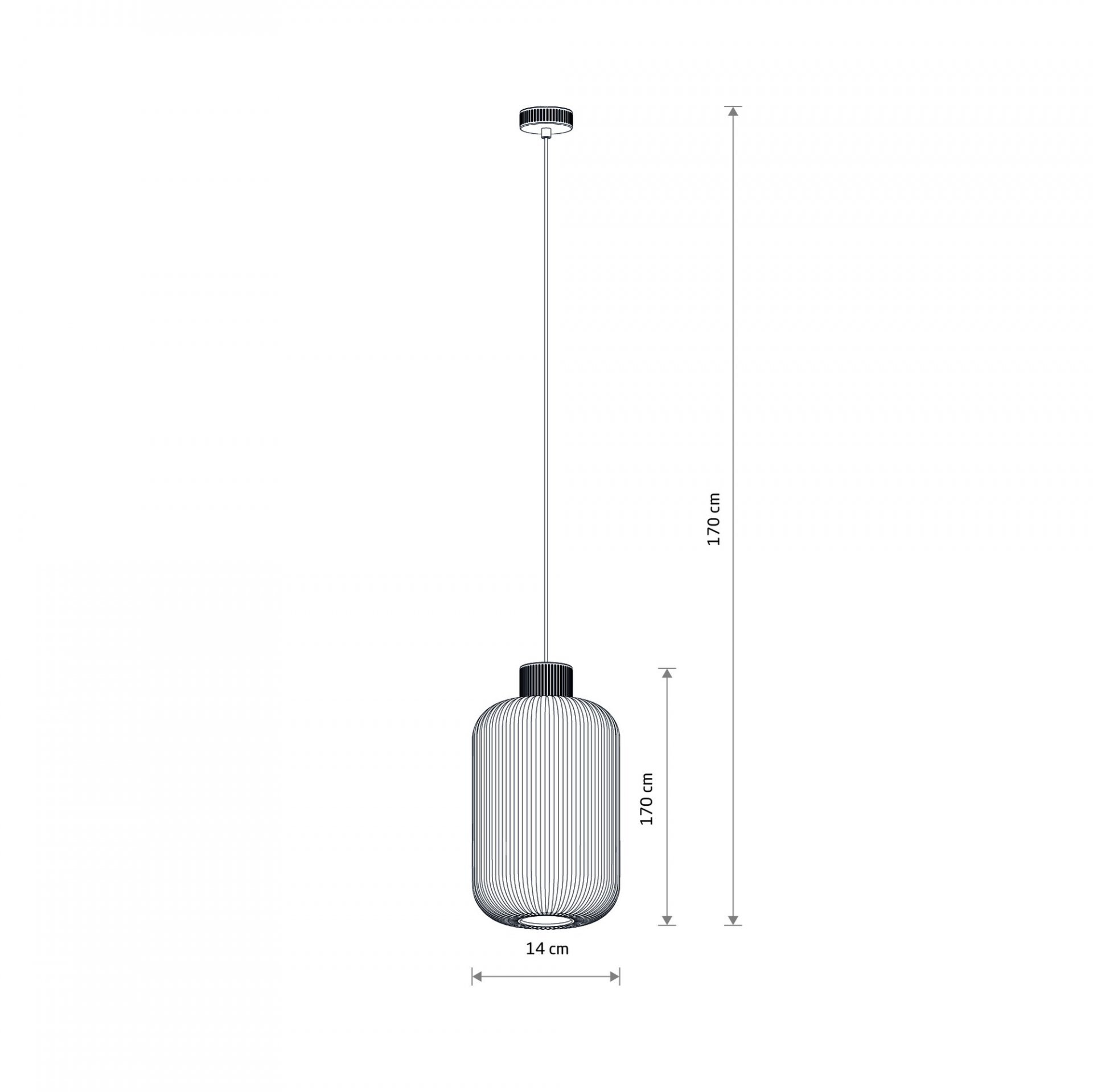 Obraz przedstawia schemat lampy wiszącej z kloszem o wysokości 170 cm i średnicy 14 cm. Lampa jest zawieszona na długim przewodzie, a na obrazie widoczne są wymiary lampy.