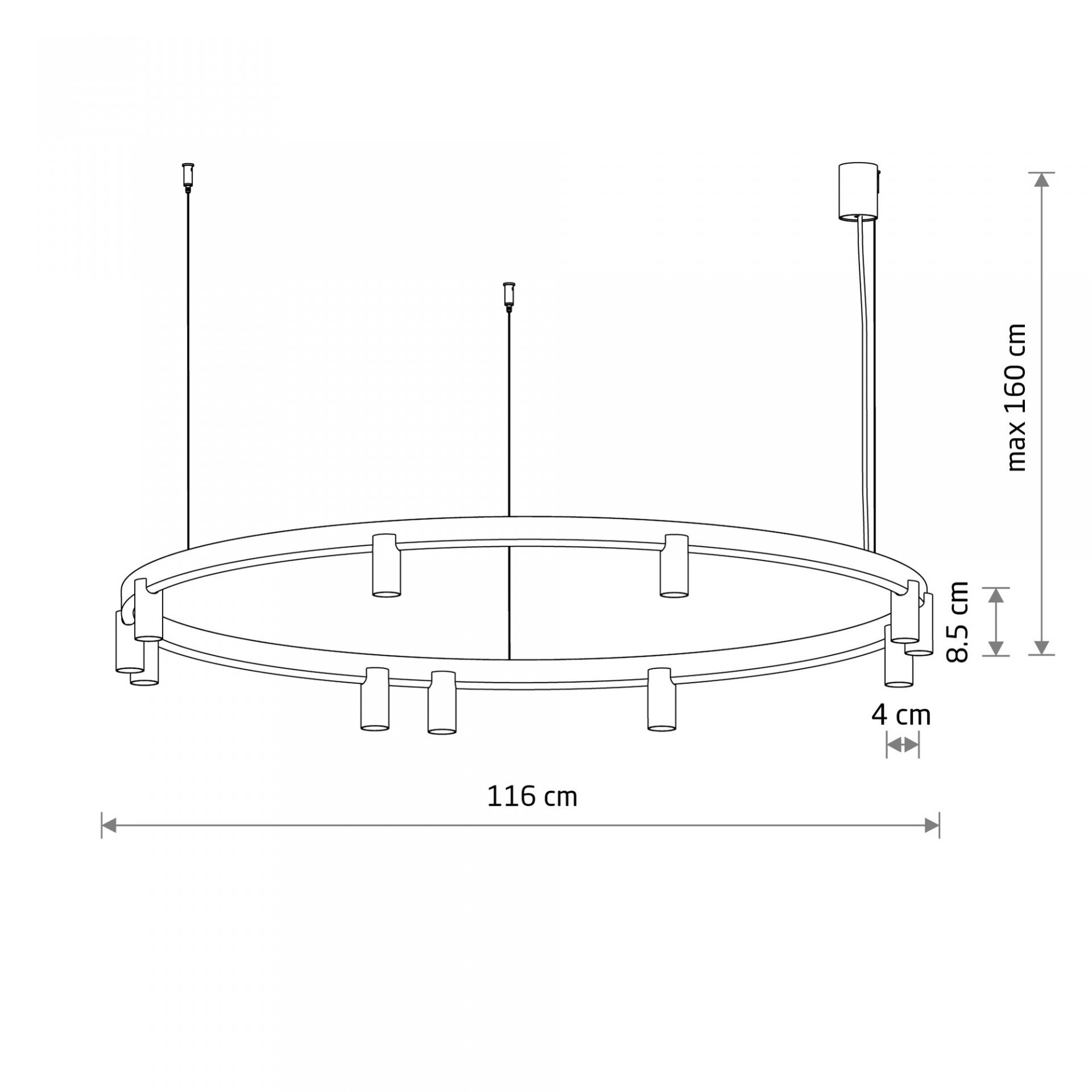 Schemat lampy wiszącej w kształcie okręgu z wymiarami: średnica 116 cm, wysokość 8,5 cm, maksymalna długość zawieszenia 160 cm, szerokość 4 cm.