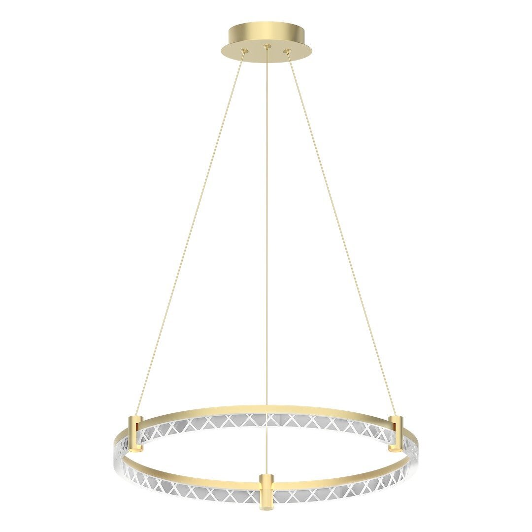 Lampa wisząca LED o nowoczesnym designie, z okrągłym, złotym pierścieniem zawieszonym na cienkich linkach. Pierścień ma dekoracyjny wzór w kształcie krzyżujących się linii.