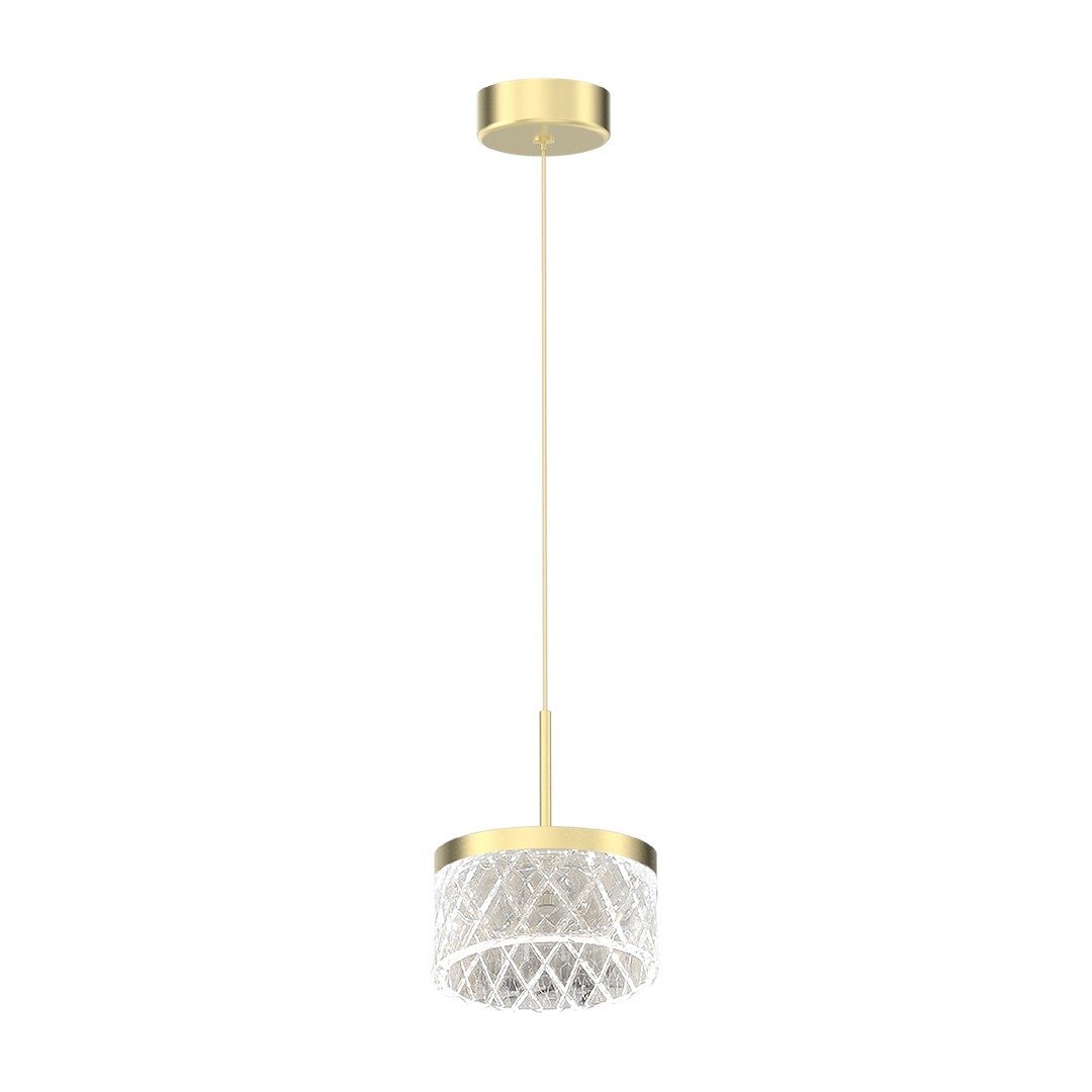 Lampa wisząca LED z ozdobnym kloszem o złotym wykończeniu i przezroczystym, diamentowym wzorze. Lampa jest zawieszona na cienkim, złotym przewodzie z okrągłą podsufitką.