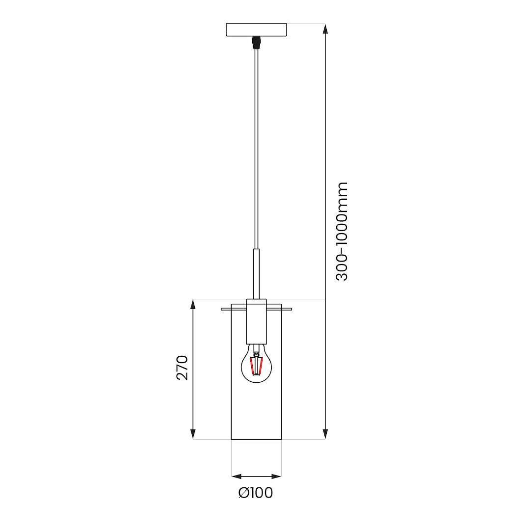 Schematyczny rysunek lampy wiszącej z oznaczeniami wymiarów: wysokość regulowana od 300 do 1000 mm, wysokość klosza 270 mm, średnica klosza 100 mm.