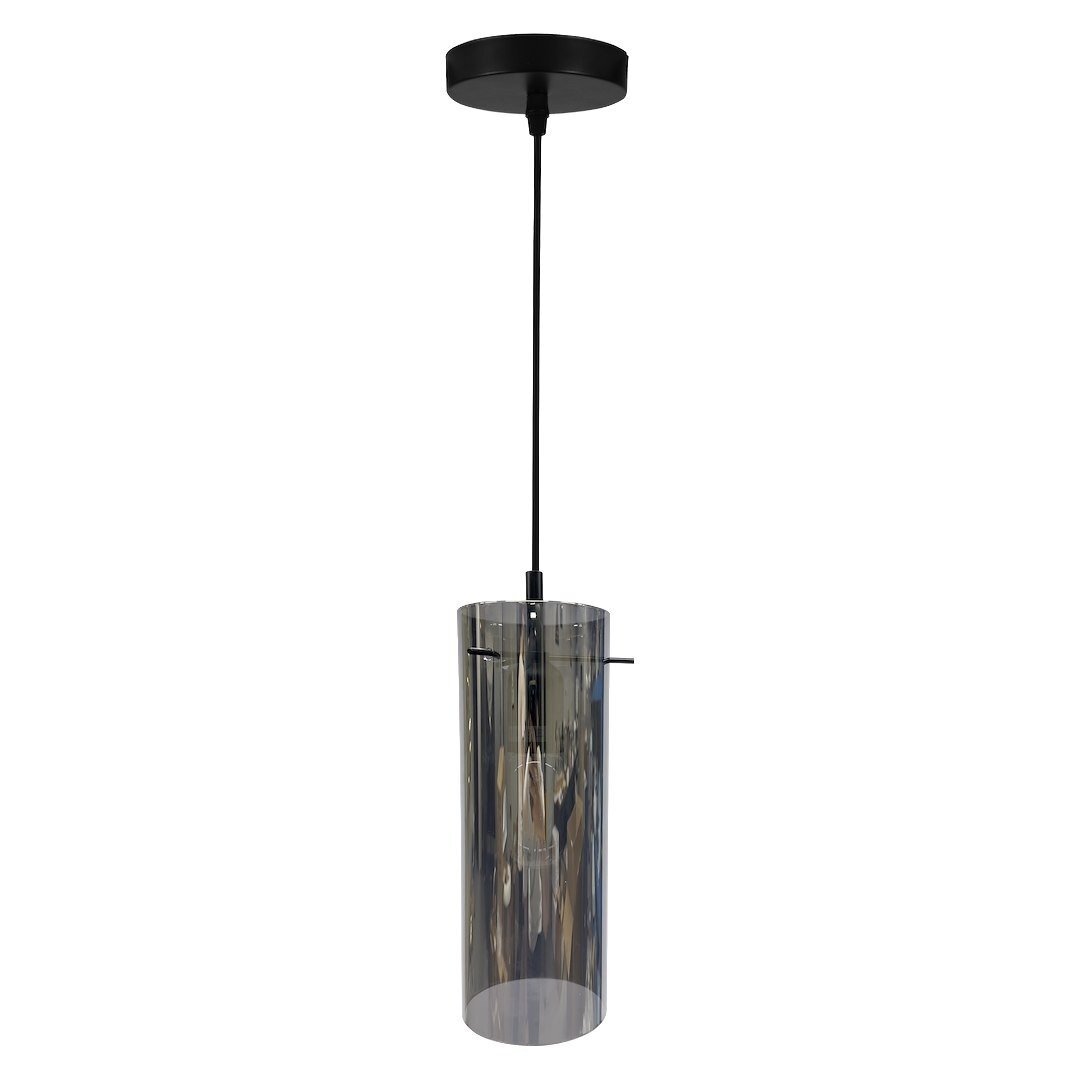 Lampa wisząca z przezroczystym, cylindrycznym kloszem i czarnym przewodem oraz podsufitką.
