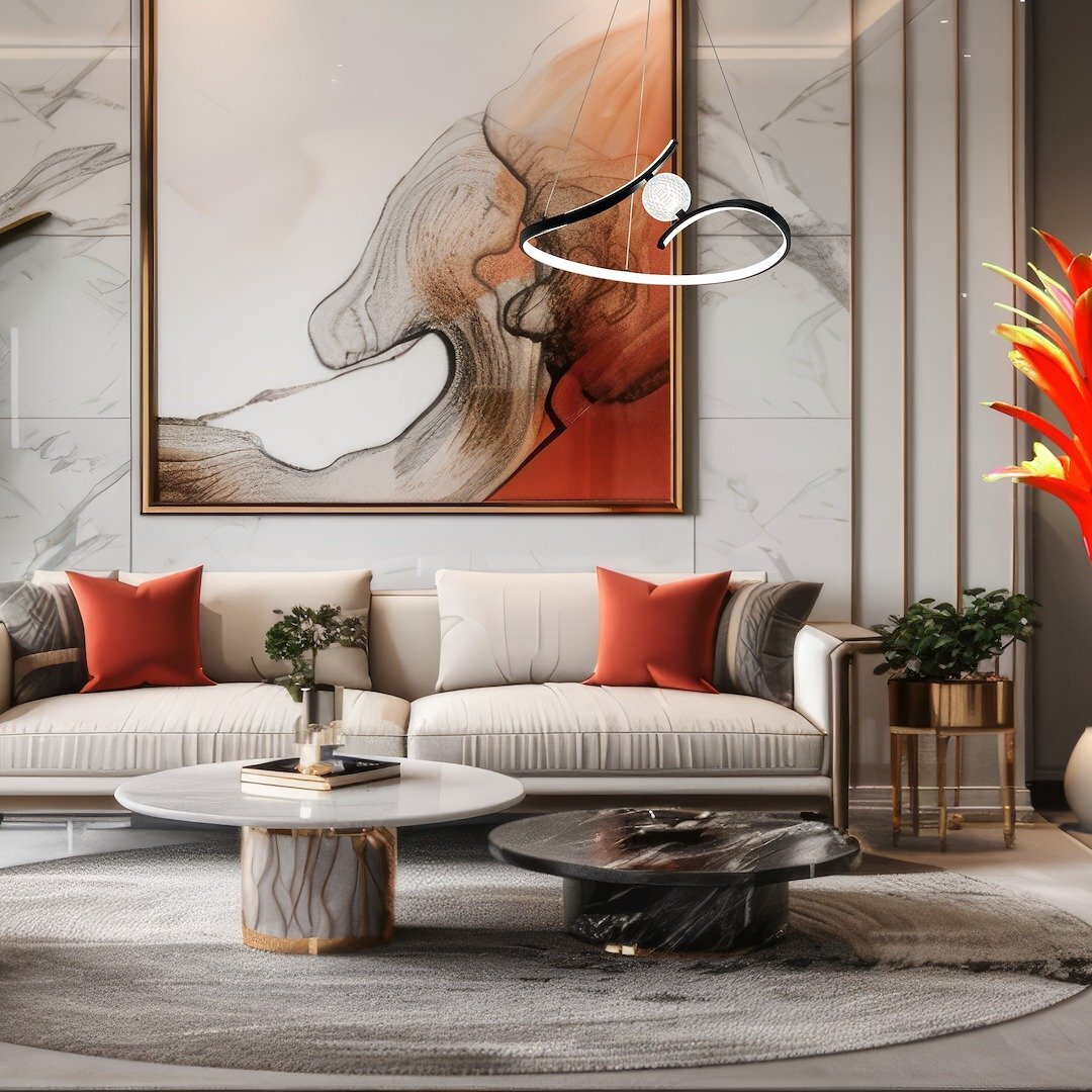 W eleganckim salonie znajduje się nowoczesna lampa wisząca o organicznym kształcie, zawieszona nad stolikiem kawowym. W tle widoczny jest duży obraz abstrakcyjny oraz sofa z czerwonymi poduszkami.