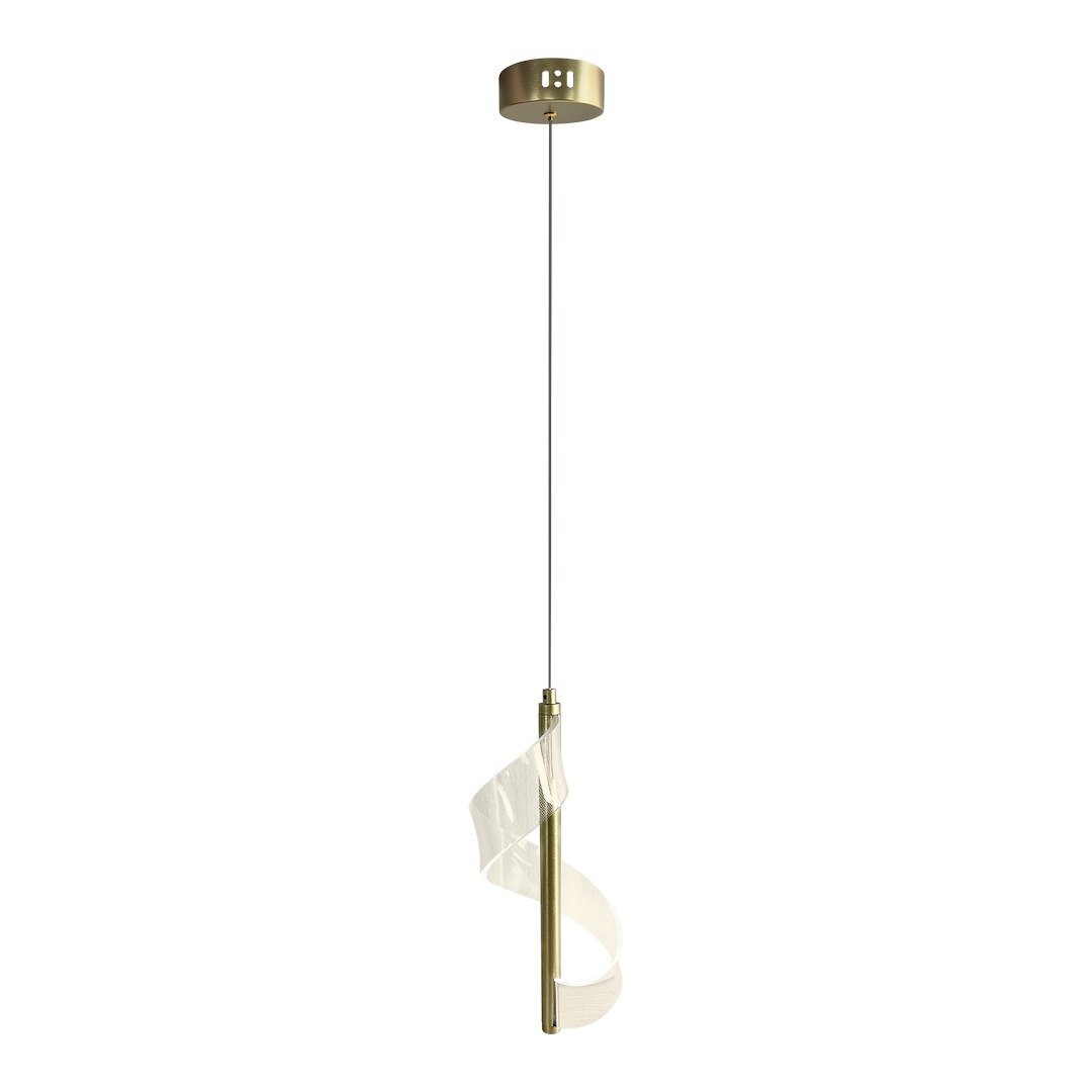 Lampa wisząca LED z metalowym korpusem w kolorze złotym i przezroczystym, spiralnym elementem dekoracyjnym. Lampa jest zawieszona na cienkim przewodzie z okrągłą podsufitką.