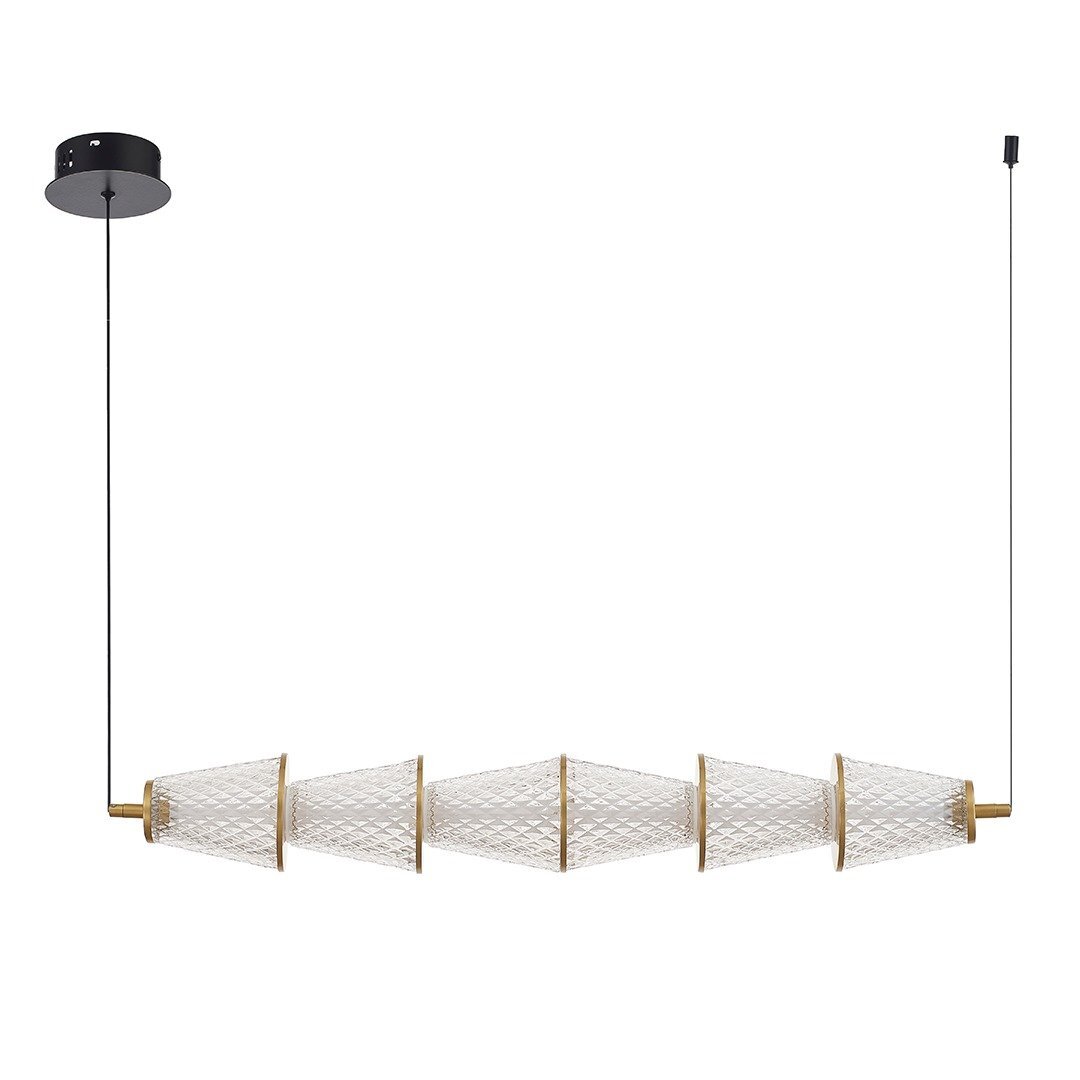 Lampa wisząca LED z pięcioma stożkowymi kloszami o strukturze siatki, zawieszona na dwóch cienkich kablach. Elementy mocujące są w kolorze czarnym i złotym.