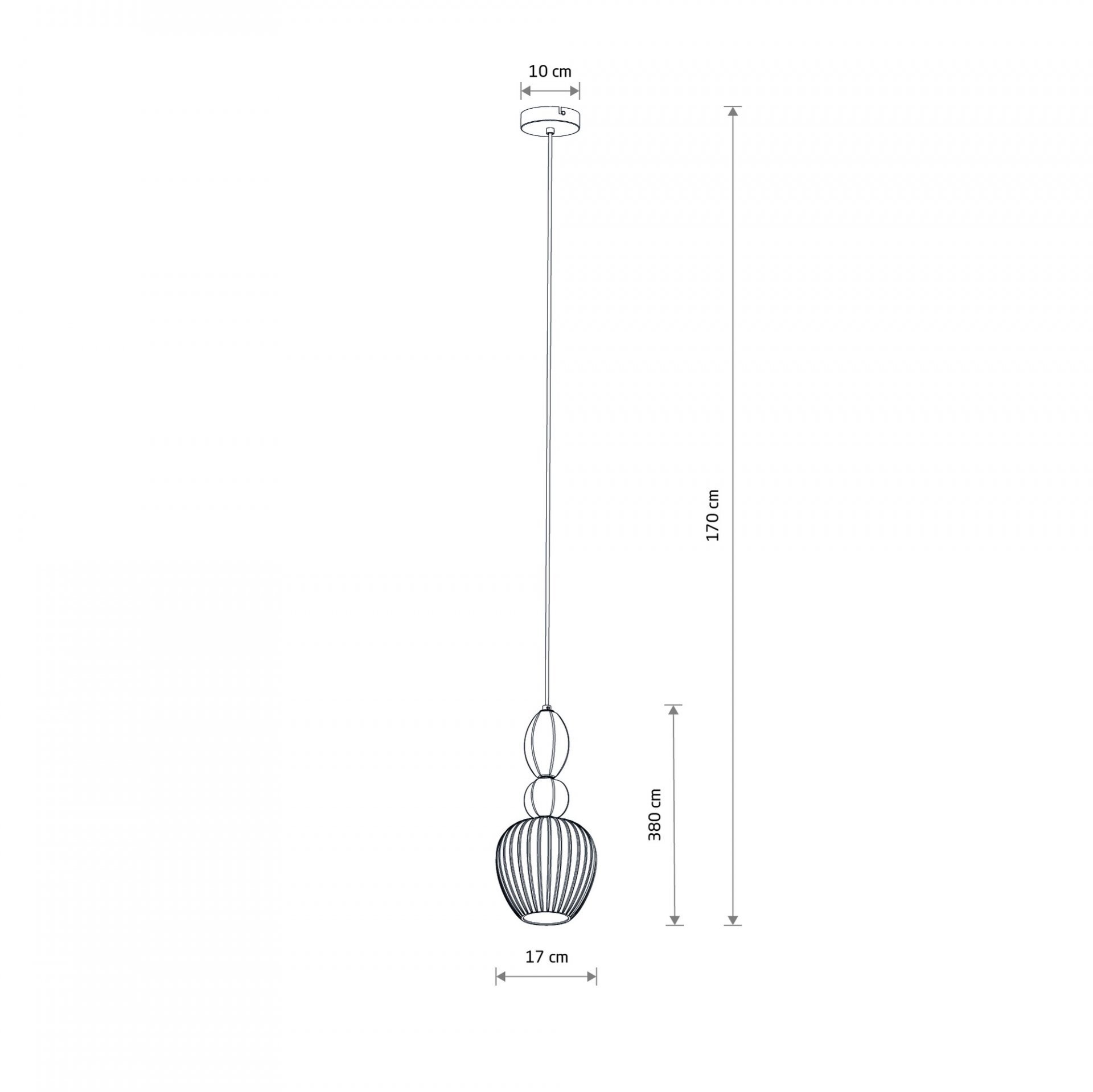 Schematyczny rysunek lampy wiszącej z wymiarami: średnica 10 cm, wysokość całkowita 170 cm, wysokość klosza 380 cm, średnica klosza 17 cm.