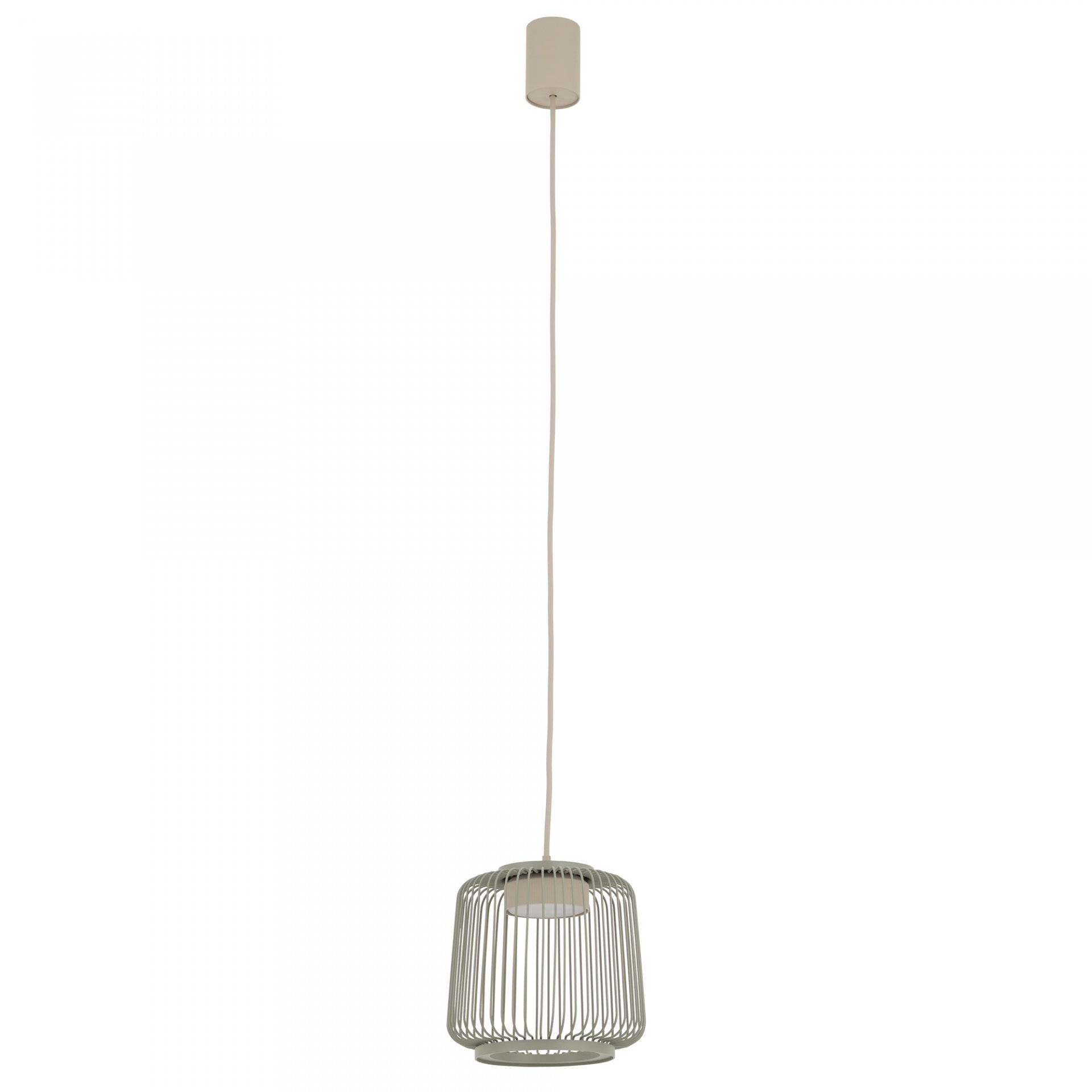 Na obrazie widoczna jest wisząca lampa z metalowym kloszem w kształcie klatki, zawieszona na długim przewodzie. Klosz ma otwartą konstrukcję z pionowymi prętami.