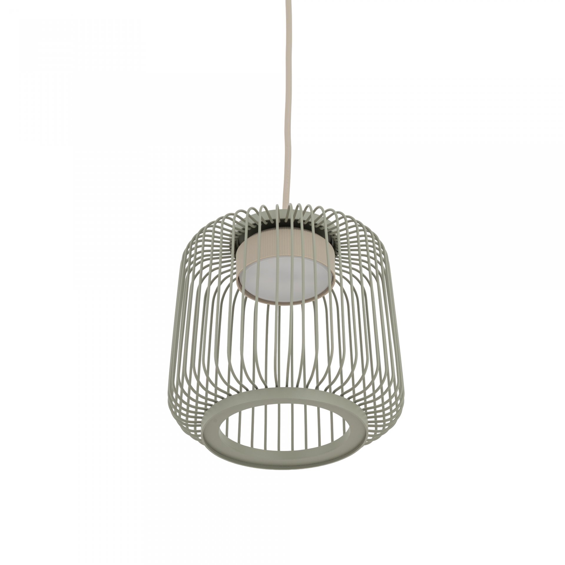 Lampa wisząca z metalowym kloszem w kształcie klatki, zawieszona na przewodzie. Klosz jest w kolorze jasnoszarym z widoczną żarówką wewnątrz.