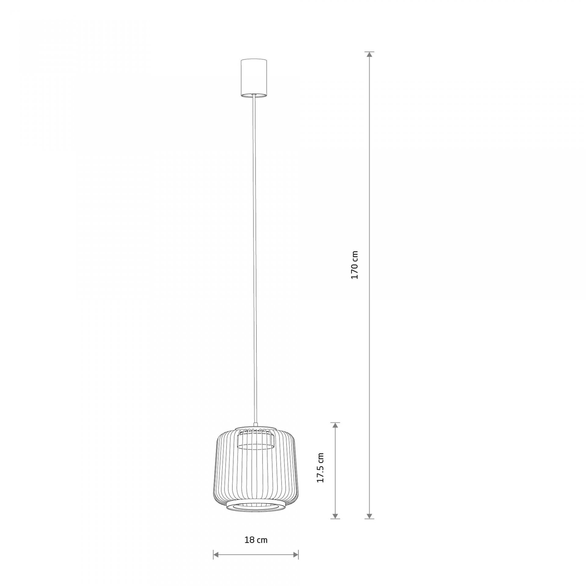 Schematyczny rysunek lampy wiszącej z kloszem o wysokości 17,5 cm i średnicy 18 cm, zawieszonej na przewodzie o długości 170 cm.