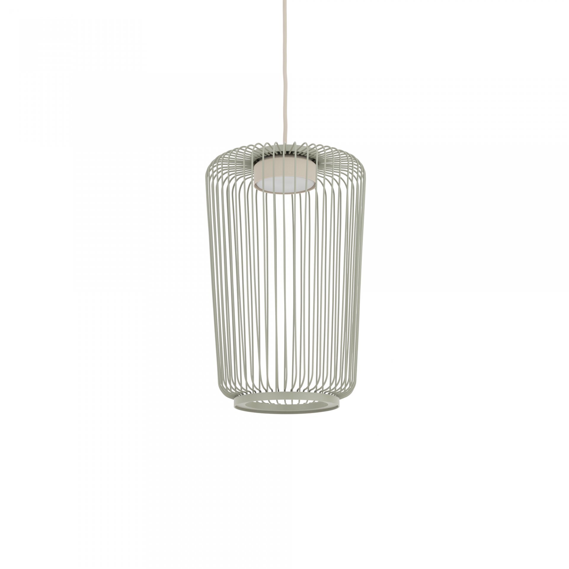 Lampa wisząca o cylindrycznym kształcie z metalowym kloszem złożonym z pionowych prętów. Lampa jest zawieszona na białym przewodzie.