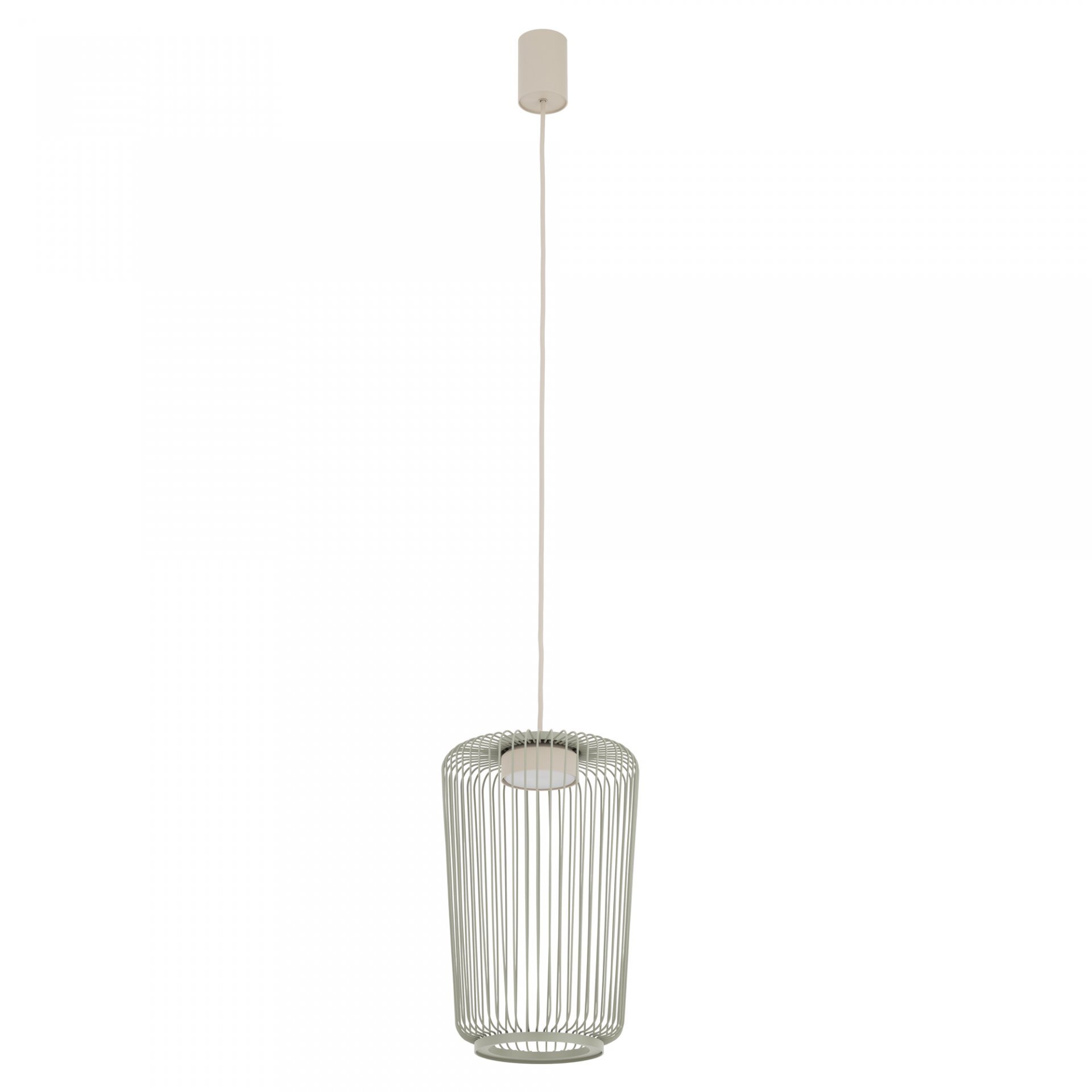Lampa wisząca z metalowym kloszem w kształcie walca, zawieszona na długim przewodzie.