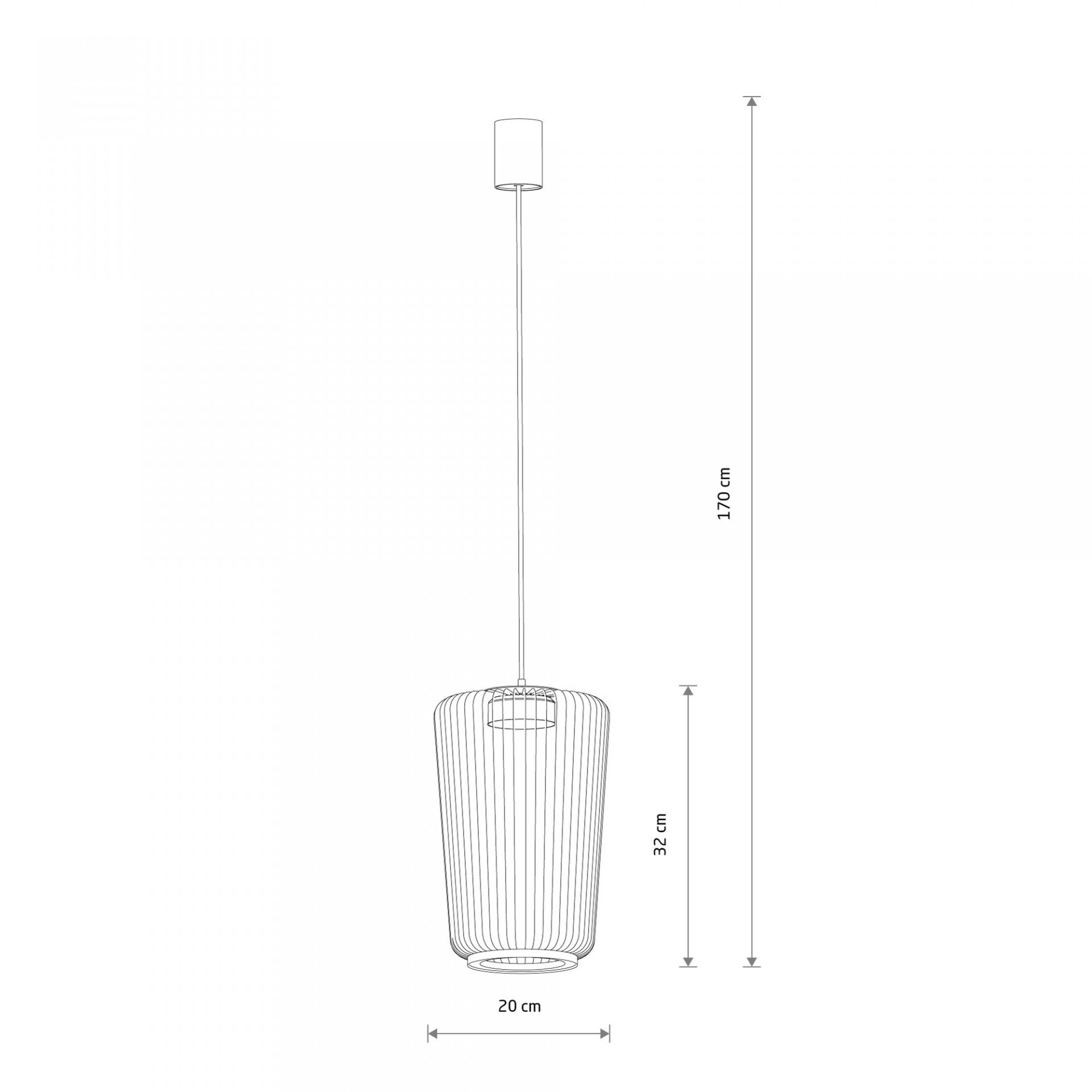 Schematyczny rysunek lampy wiszącej z wymiarami: wysokość całkowita 170 cm, wysokość klosza 32 cm, średnica klosza 20 cm.