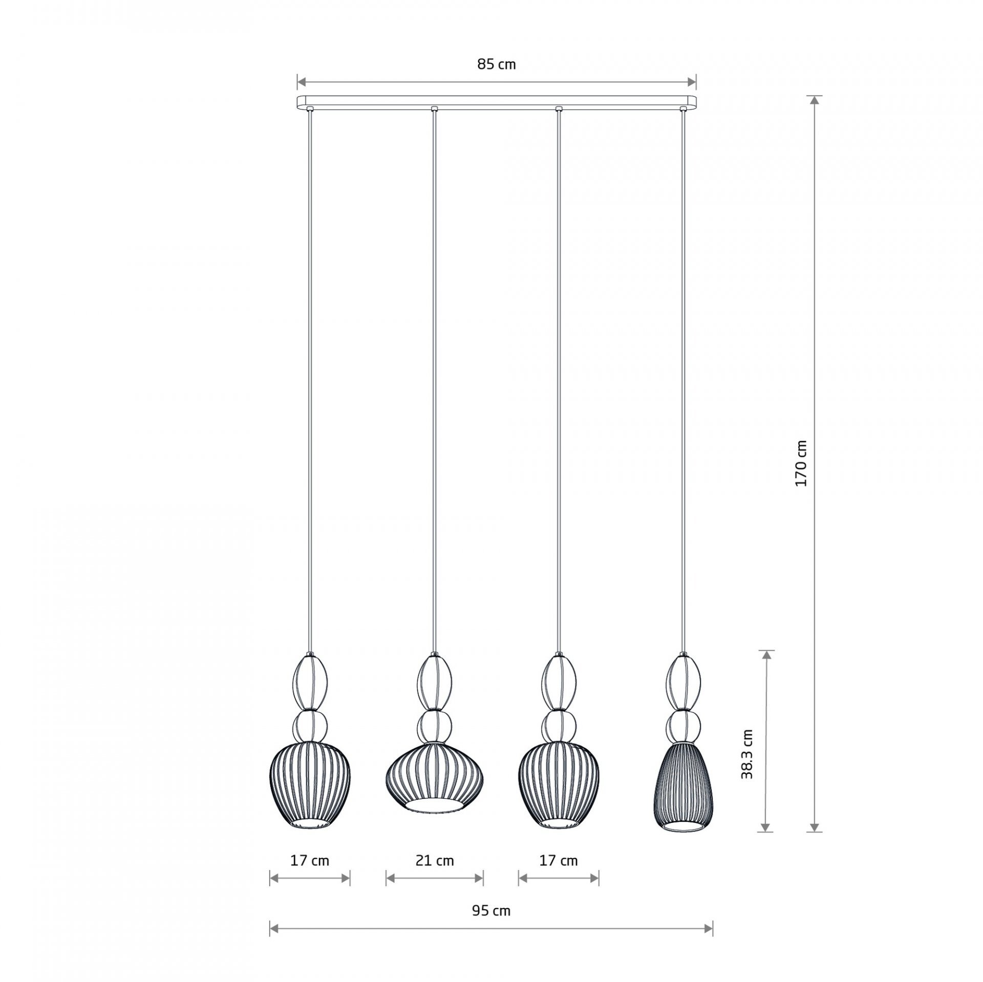 Schemat lampy wiszącej z czterema kloszami o różnych szerokościach: 17 cm, 21 cm, 17 cm i 17 cm. Całkowita długość lampy wynosi 170 cm, a szerokość 95 cm.