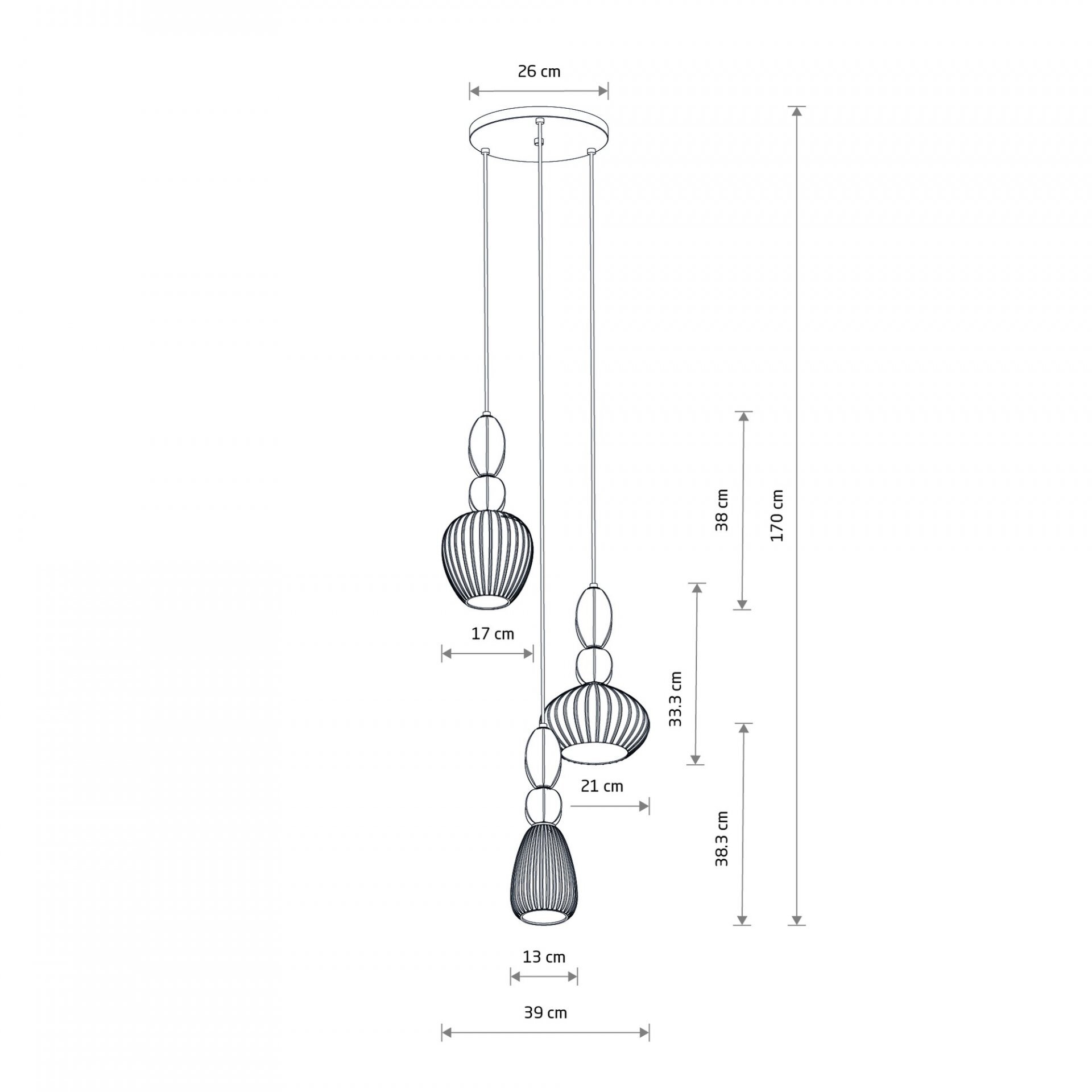 Schemat lampy wiszącej z trzema kloszami o różnych kształtach i wymiarach: 17 cm, 21 cm i 13 cm. Całkowita wysokość lampy wynosi 170 cm, a szerokość 39 cm.