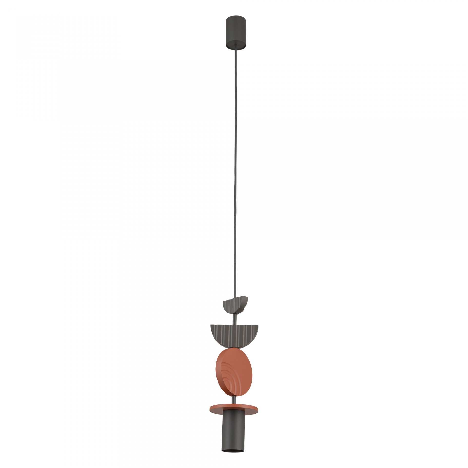 Lampa wisząca o nowoczesnym designie złożona z kilku geometrycznych elementów w kolorach czarnym i pomarańczowym. Elementy mają różne kształty, w tym półkola i cylindry.