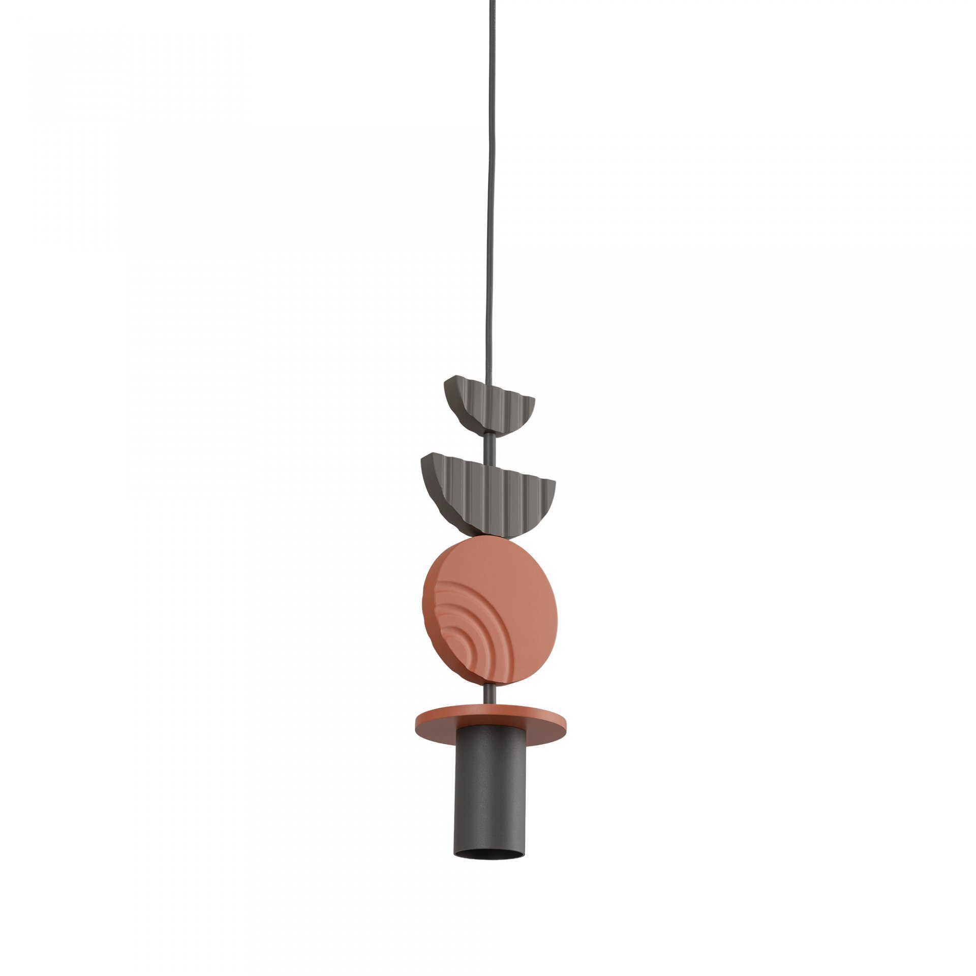 Lampa wisząca z geometrycznymi elementami w kolorach szarym i pomarańczowym, zawieszona na cienkim przewodzie. Składa się z cylindrycznego klosza oraz dekoracyjnych półokrągłych i okrągłych form.
