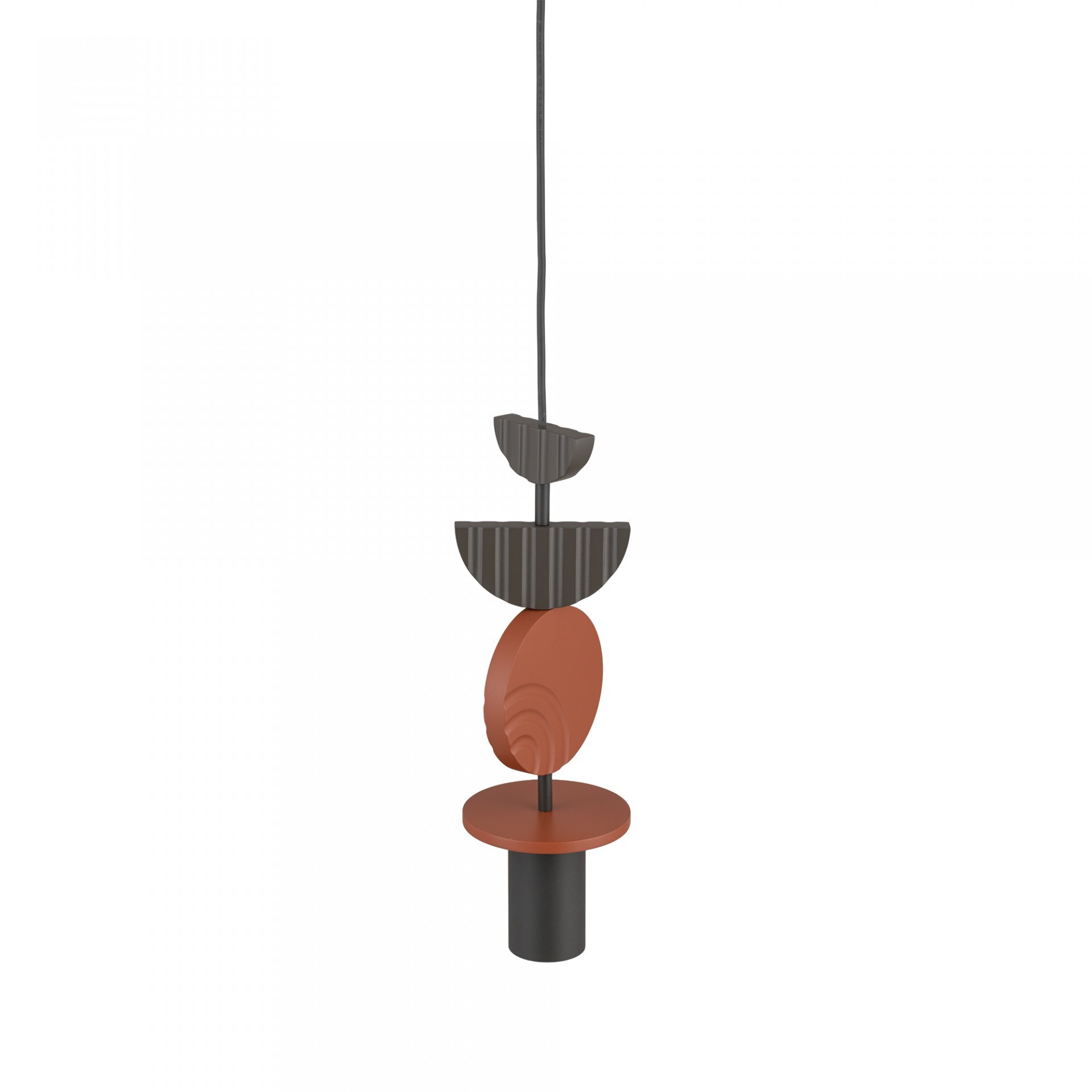 Lampa wisząca o nowoczesnym designie, składająca się z kilku geometrycznych elementów w kolorach czarnym i pomarańczowym. Elementy mają kształty półokręgów i cylindrów, zawieszone na cienkim przewodzie.