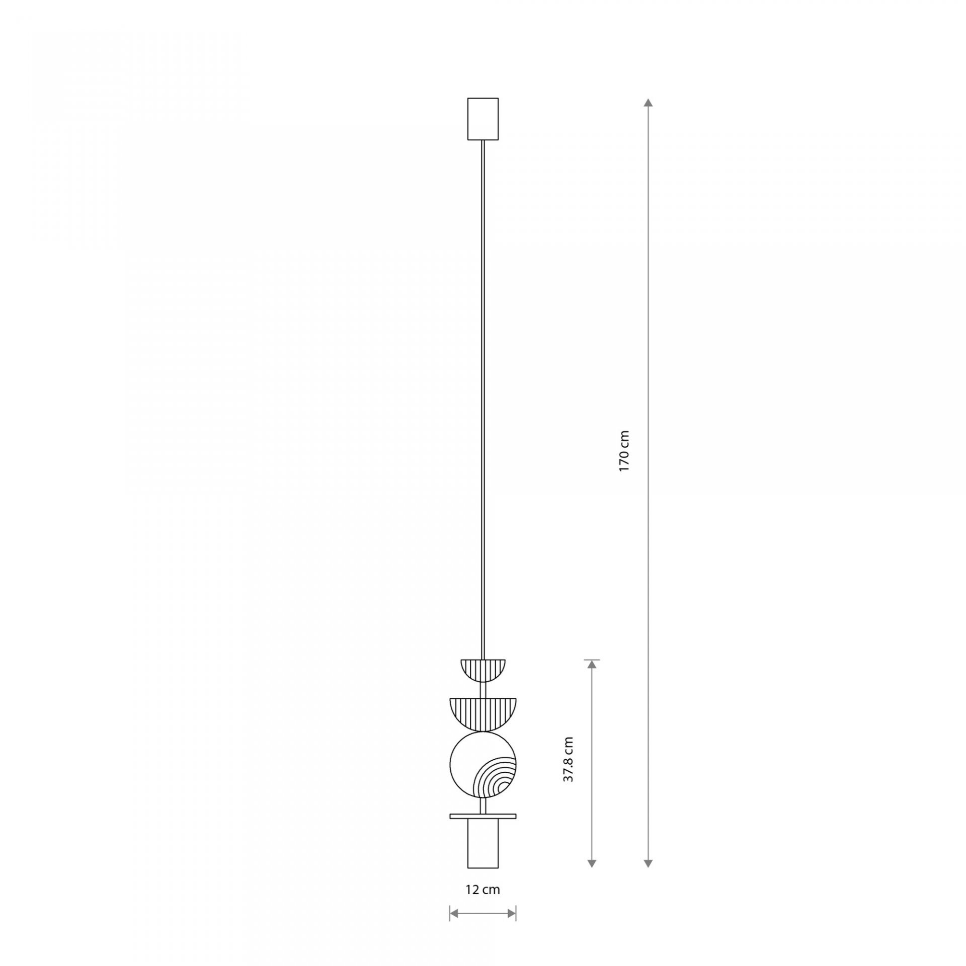 Schematyczny rysunek lampy wiszącej z wymiarami: wysokość całkowita 170 cm, szerokość 12 cm, wysokość elementu dekoracyjnego 37,8 cm.