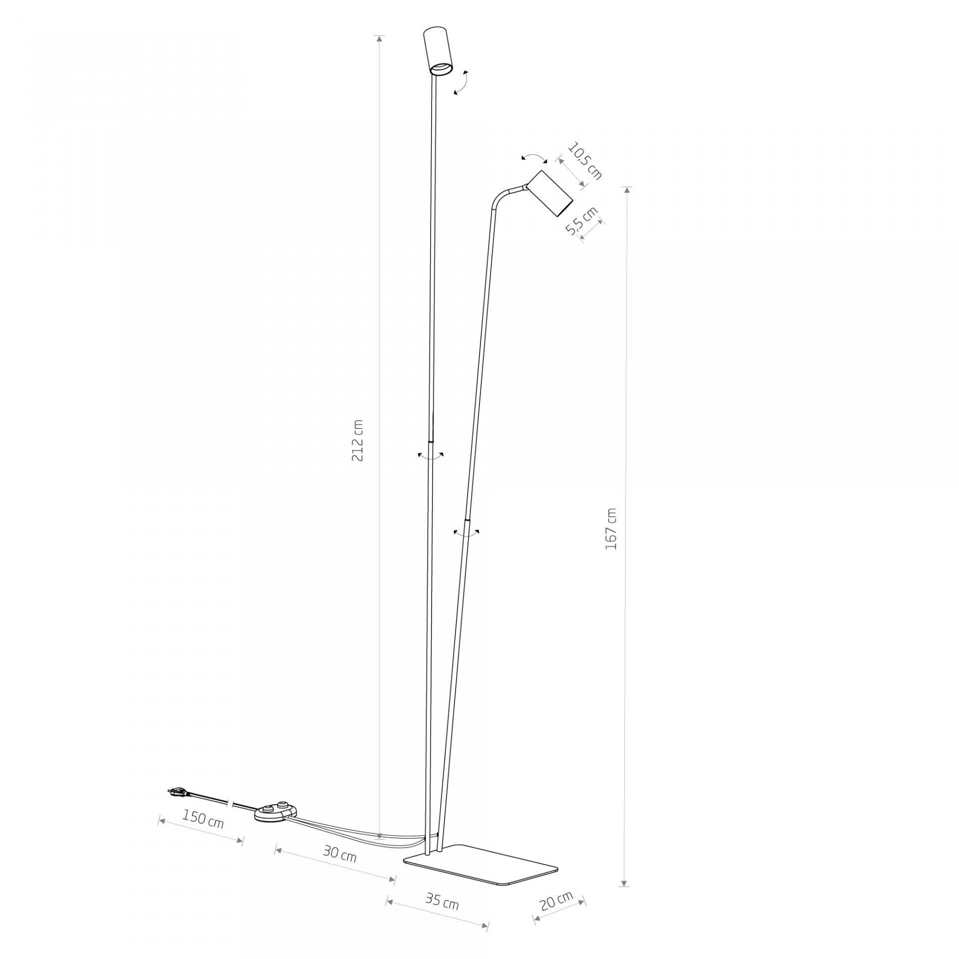 Schemat lampy podłogowej z dwoma źródłami światła, z wymiarami: 212 cm wysokości, 35 cm szerokości podstawy, 150 cm długości kabla. Widoczne są kąty nachylenia i długości poszczególnych elementów lampy.