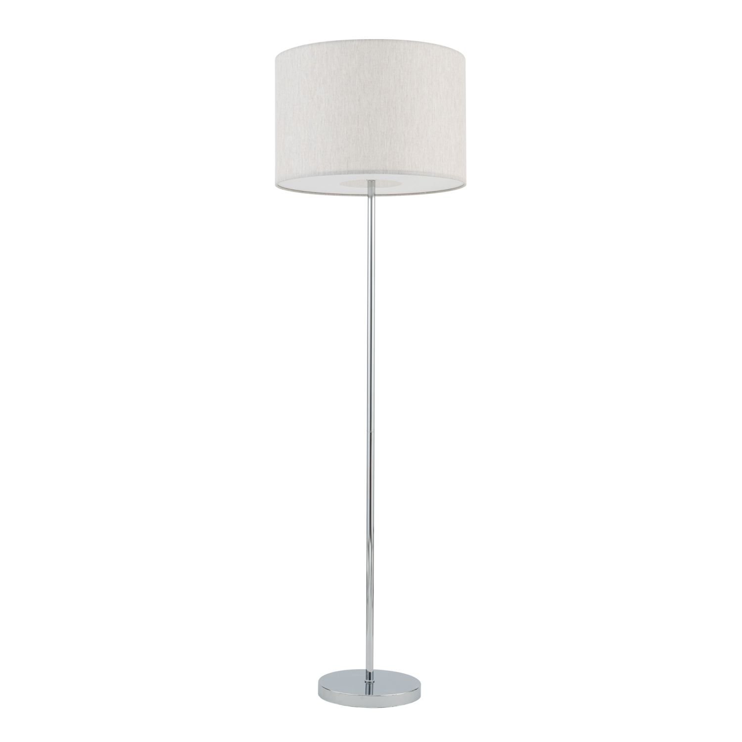 Lampa podłogowa z prostym, metalowym stelażem i okrągłym, jasnym abażurem. Podstawa lampy jest okrągła i metalowa.
