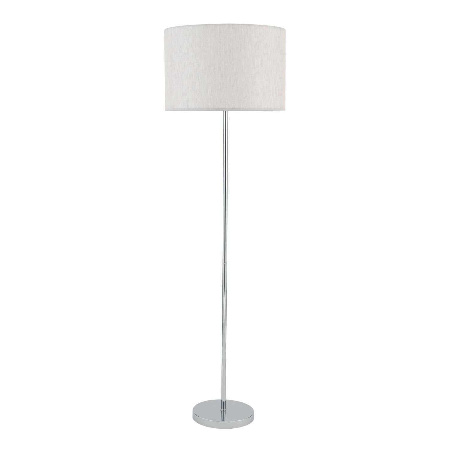 Lampa podłogowa z prostym, metalowym stelażem i okrągłym, jasnym abażurem. Podstawa lampy jest okrągła i metalowa.