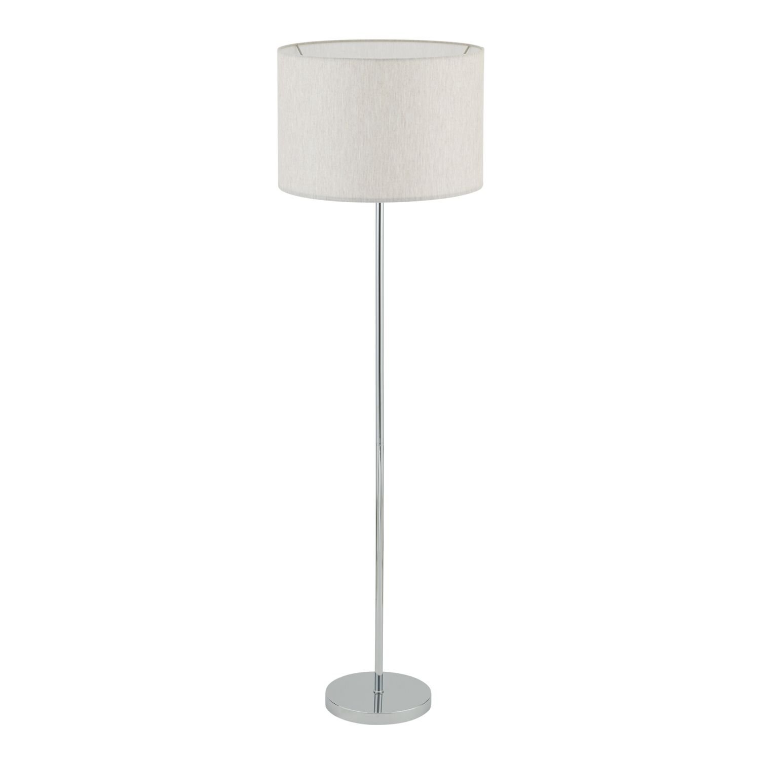 Lampa podłogowa z metalową podstawą i cylindrycznym, jasnym abażurem. Konstrukcja jest smukła i elegancka.