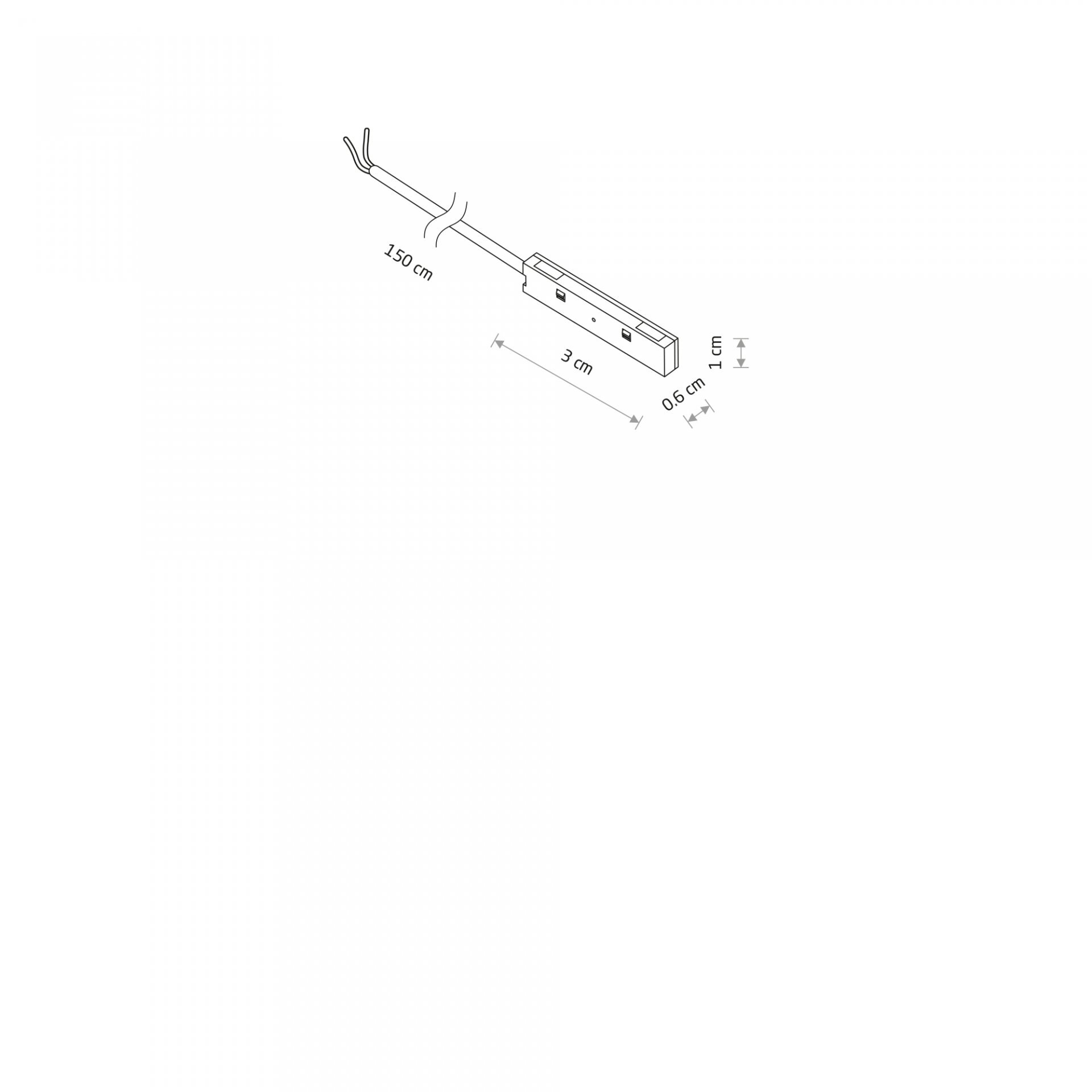 Schematyczny rysunek modułu przewodzącego zasilania z wymiarami: długość kabla 150 cm, długość modułu 3 cm, szerokość 0,6 cm. Widoczne są dwa otwory montażowe na module.
