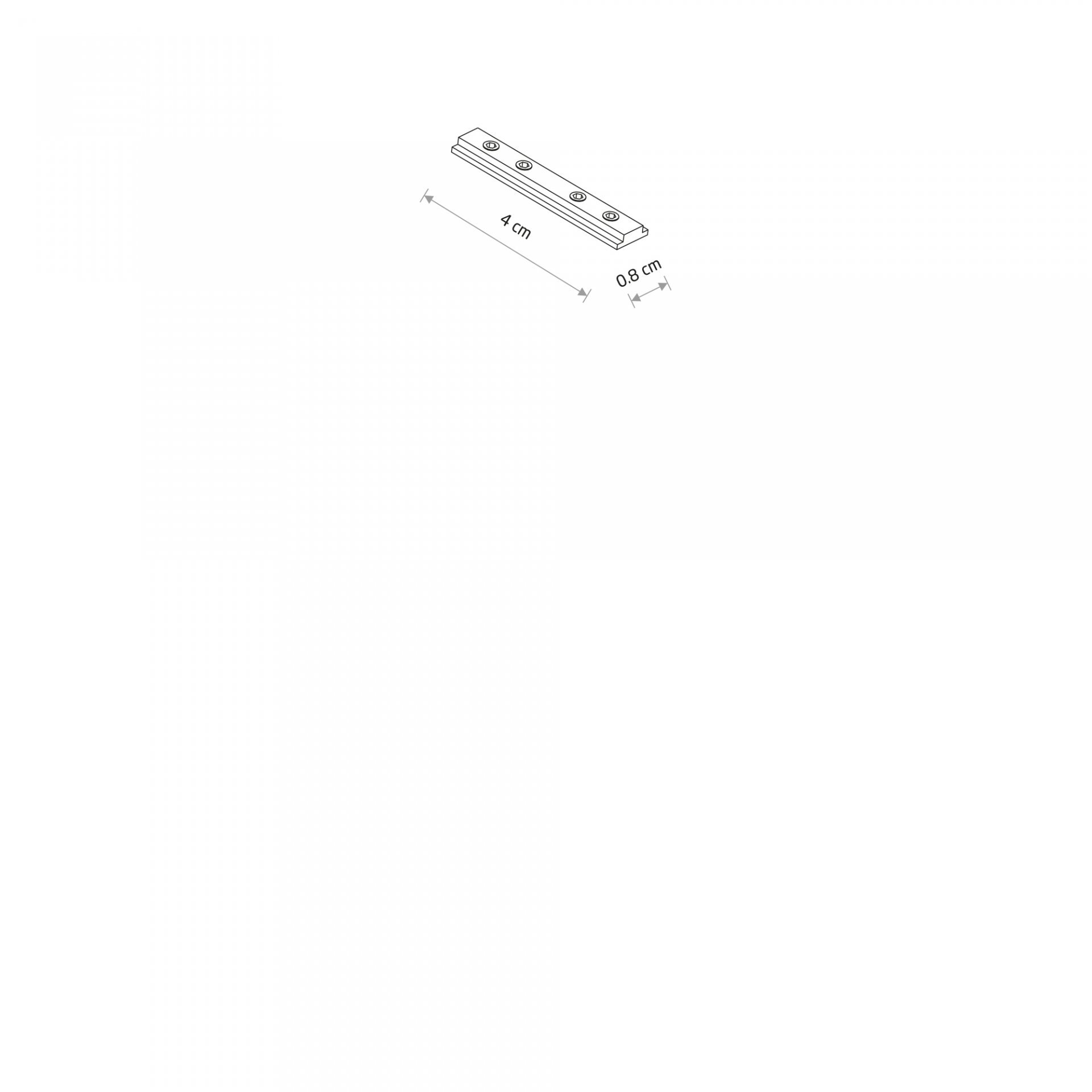 Rysunek przedstawia prostokątny element z czterema otworami, o wymiarach 4 cm na 0,8 cm.
