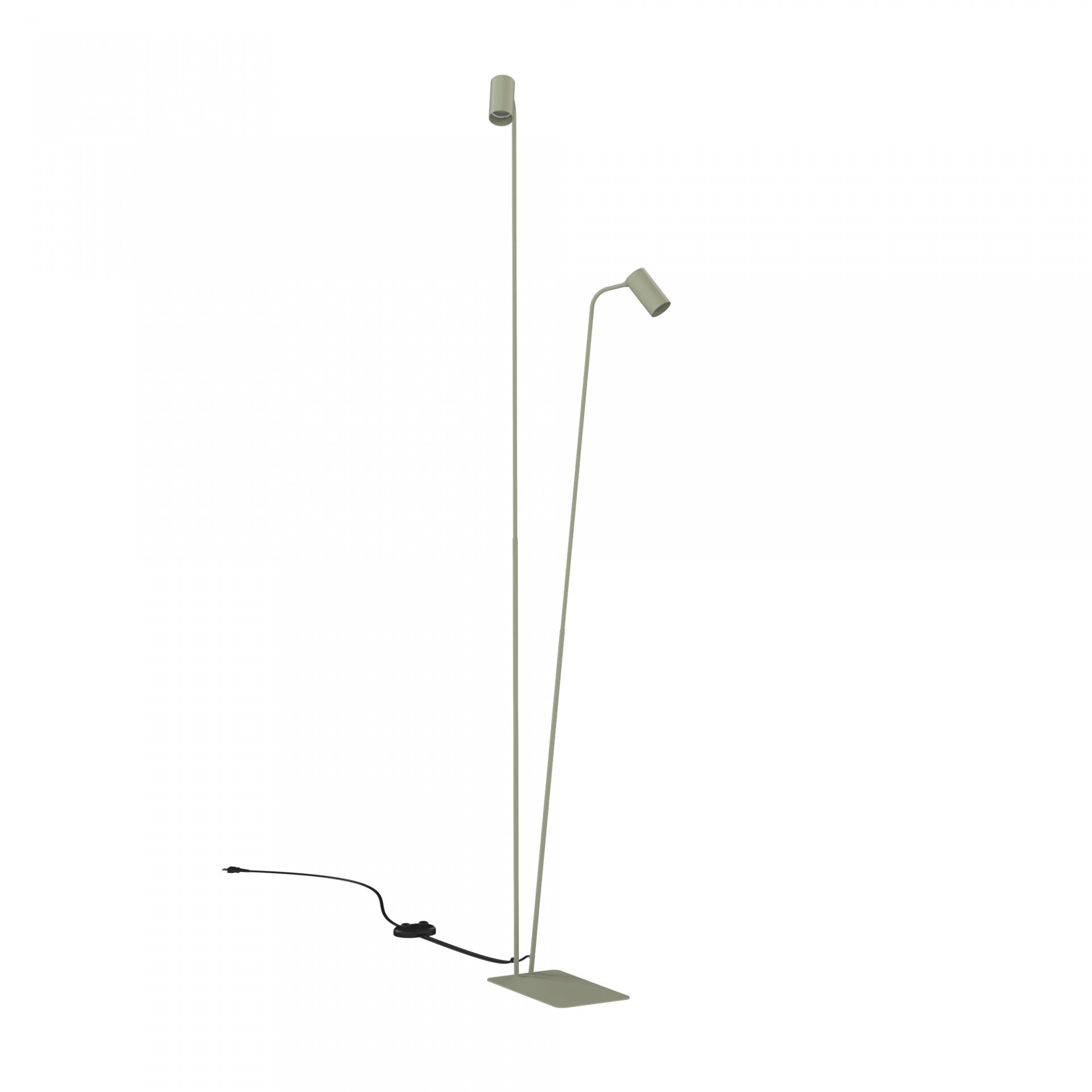 Lampa podłogowa z dwoma smukłymi ramionami zakończonymi cylindrycznymi kloszami, umieszczona na prostokątnej podstawie. Kabel zasilający widoczny jest na podłodze.
