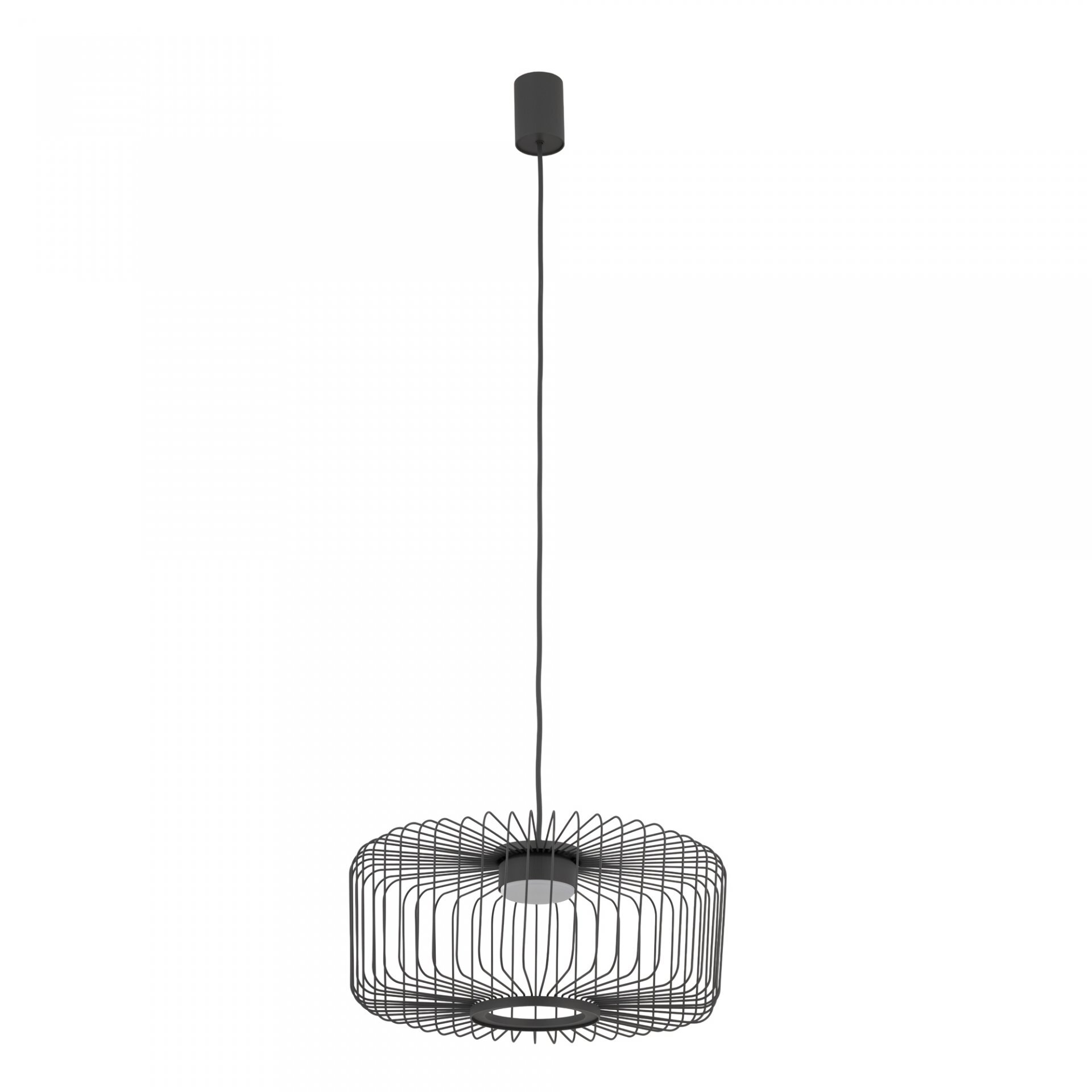 Lampa wisząca z metalowym kloszem o geometrycznym kształcie, zawieszona na cienkim przewodzie. Klosz ma otwartą konstrukcję z pionowymi prętami.
