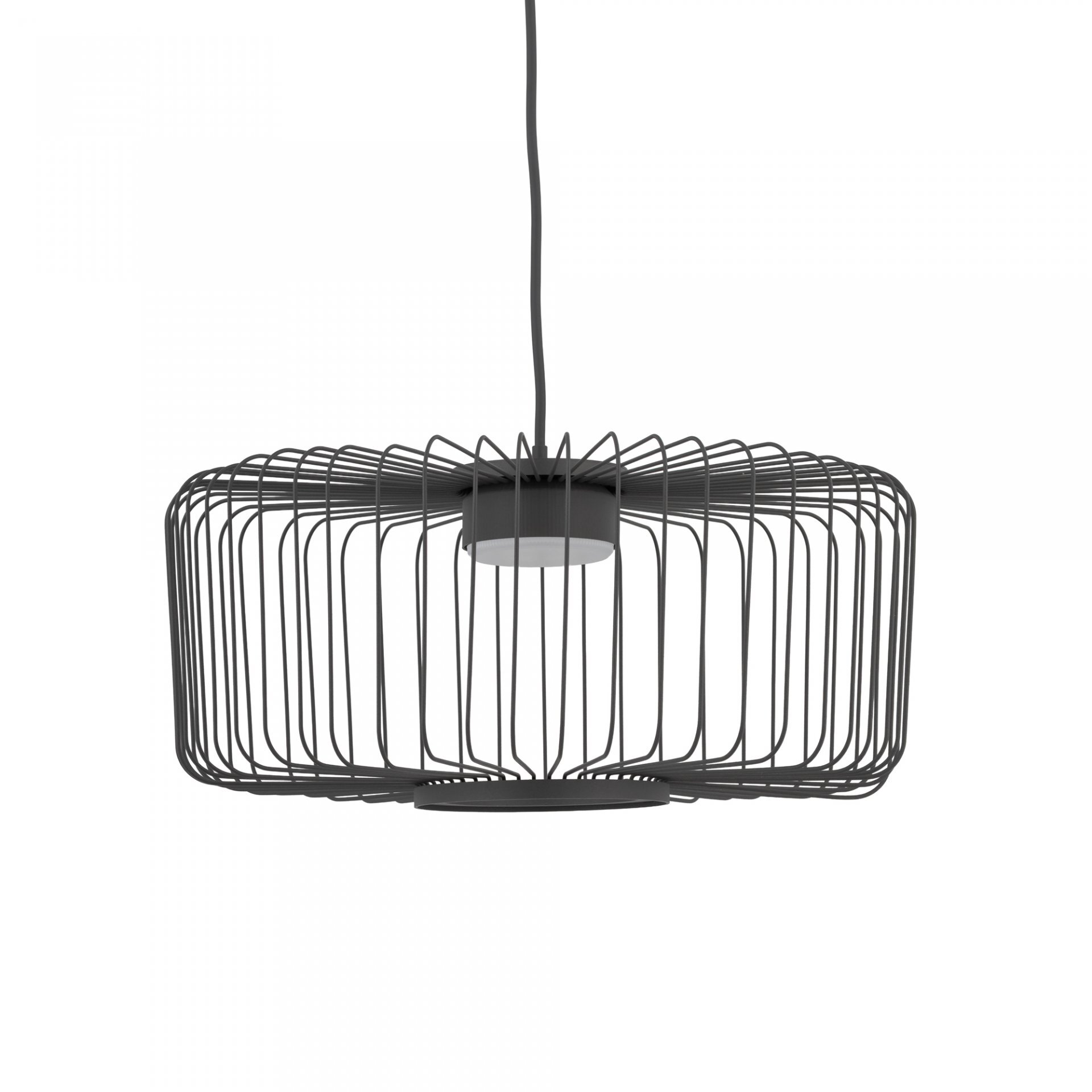 Lampa wisząca o nowoczesnym designie z metalowym kloszem w kształcie klatki, zawieszona na cienkim przewodzie.