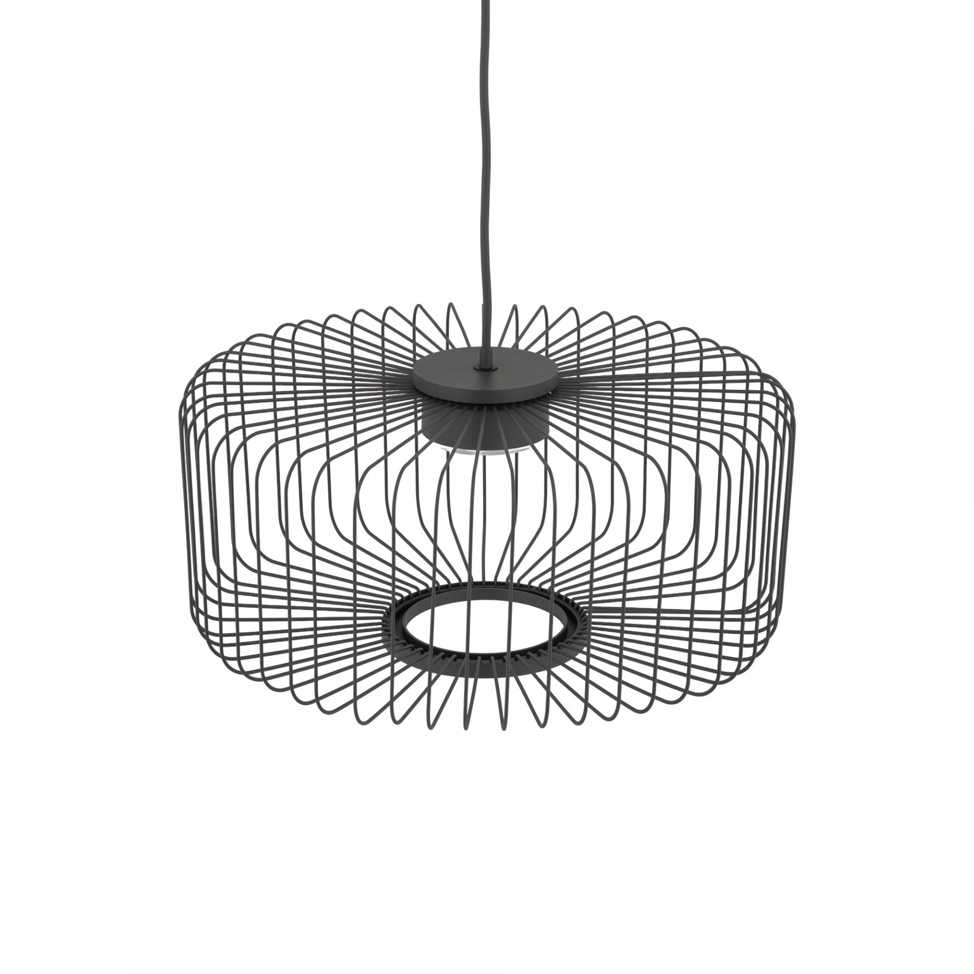 Lampa wisząca o nowoczesnym designie z czarnym, metalowym kloszem w formie siatki. Klosz ma cylindryczny kształt z otwartym dołem i górą.