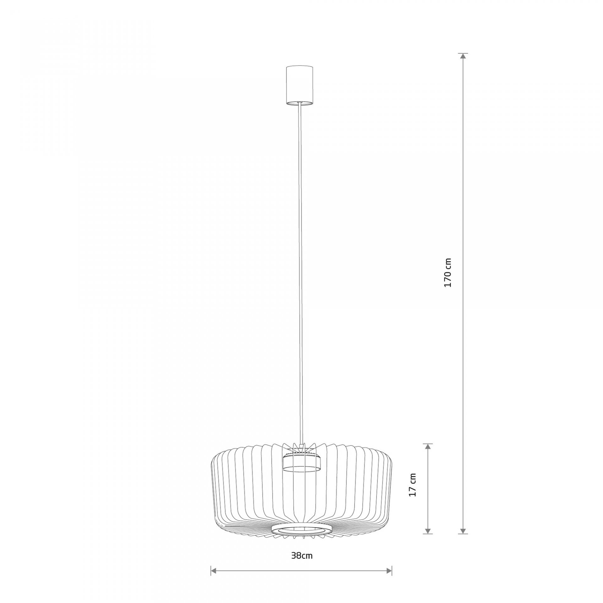 Schematyczny rysunek lampy wiszącej z wymiarami: wysokość całkowita 170 cm, średnica klosza 38 cm, wysokość klosza 17 cm.
