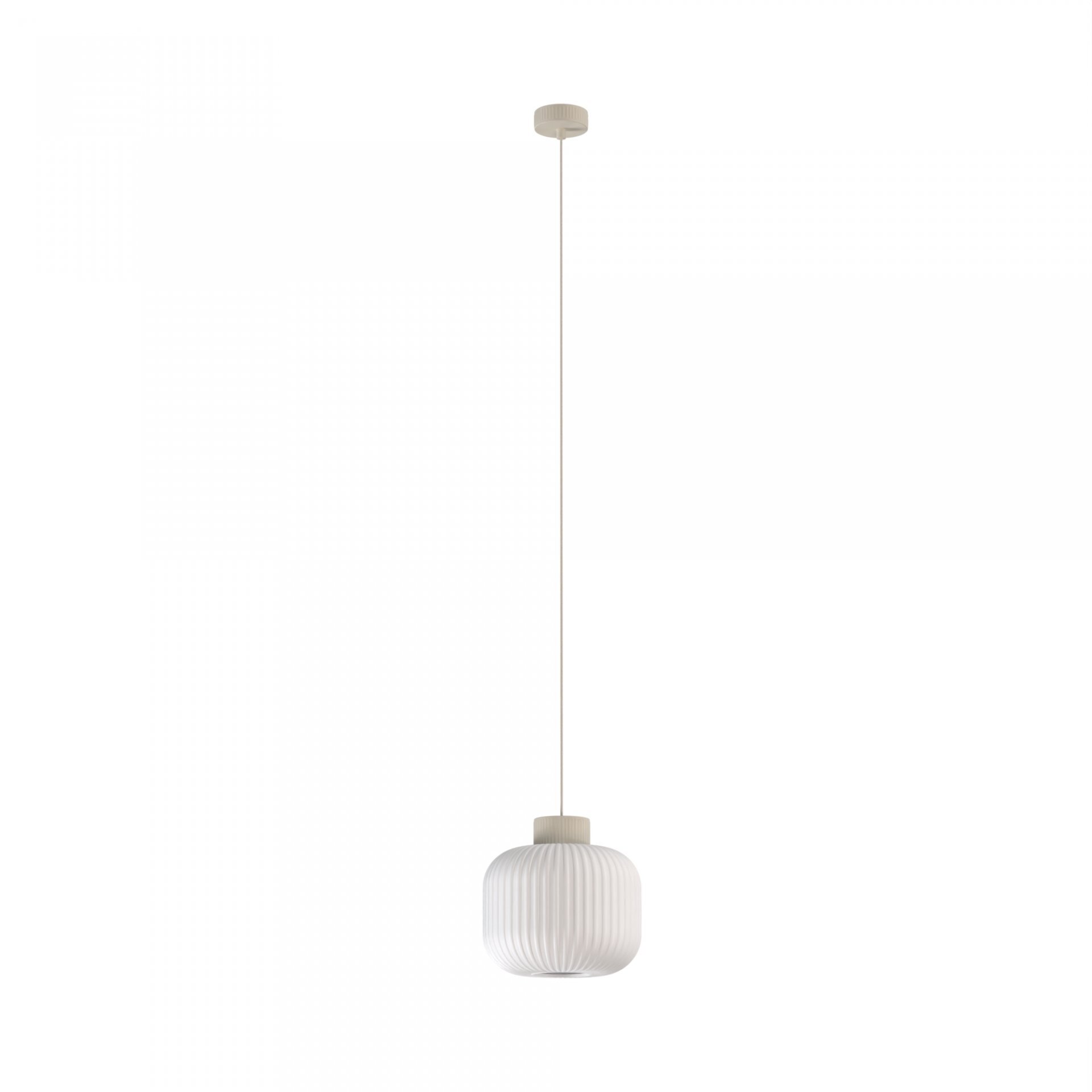 Na obrazie widoczna jest biała, wisząca lampa z żebrowanym kloszem, zawieszona na cienkim przewodzie. Lampa ma prosty, nowoczesny design.