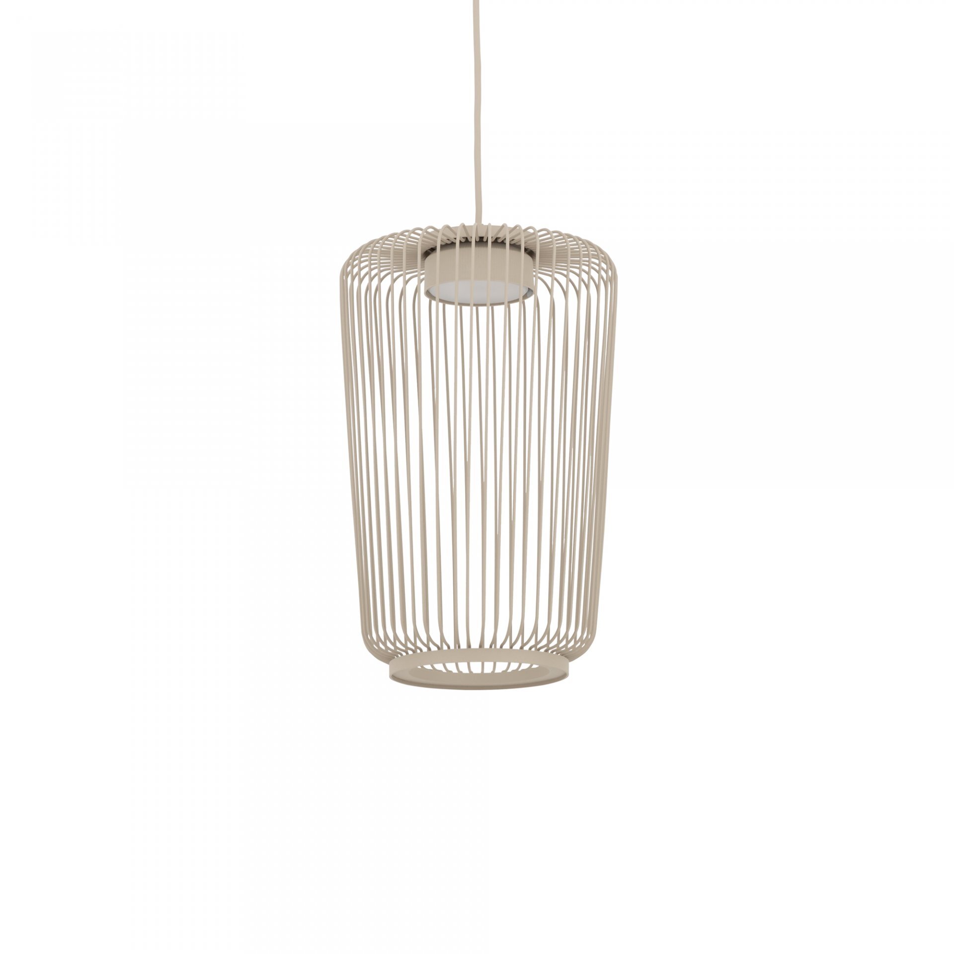 Lampa wisząca o cylindrycznym kształcie z metalowymi prętami w jasnym kolorze, zawieszona na przewodzie.