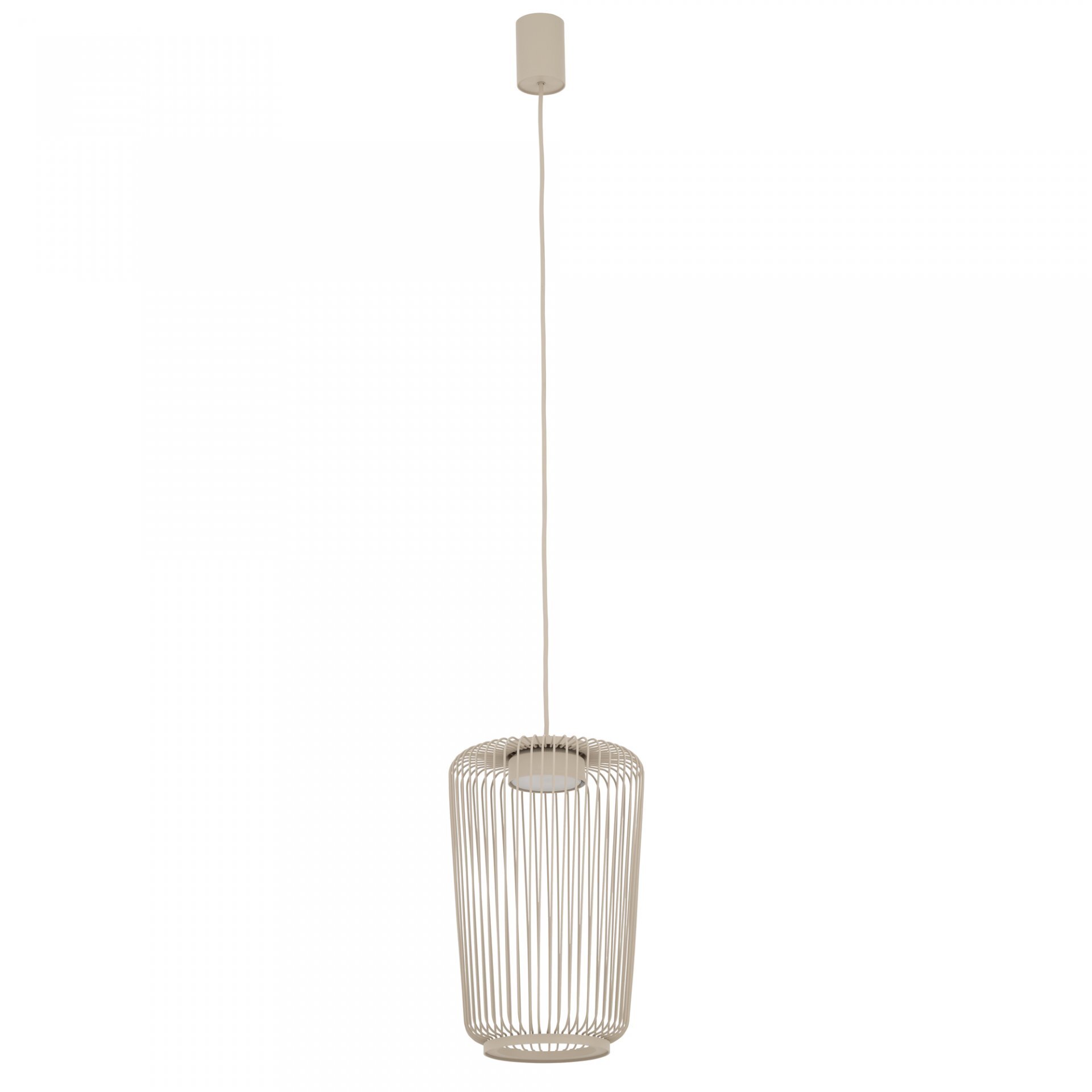 Lampa wisząca o cylindrycznym kształcie z metalowym kloszem złożonym z pionowych prętów. Lampa jest zawieszona na długim przewodzie z prostokątną podsufitką.