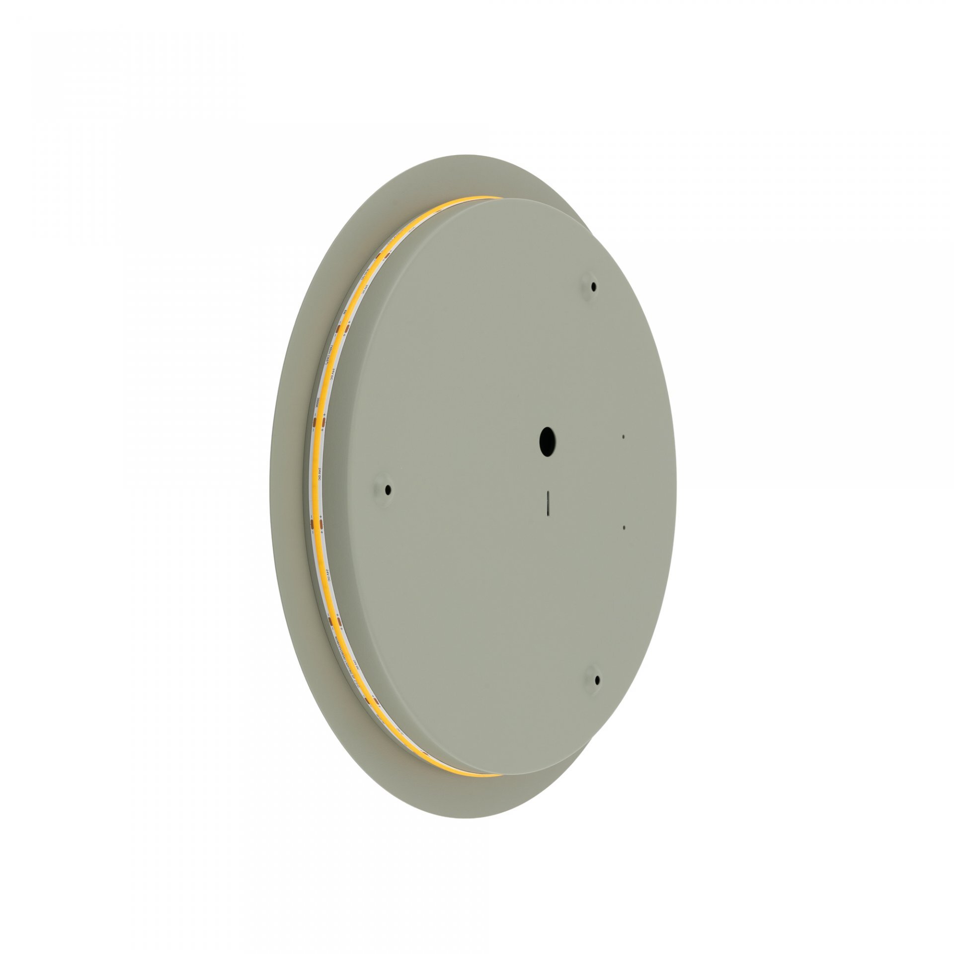 Okrągła lampa ścienna w kolorze szarym z widocznym paskiem LED emitującym ciepłe światło. Lampa ma minimalistyczny design z kilkoma otworami na powierzchni.