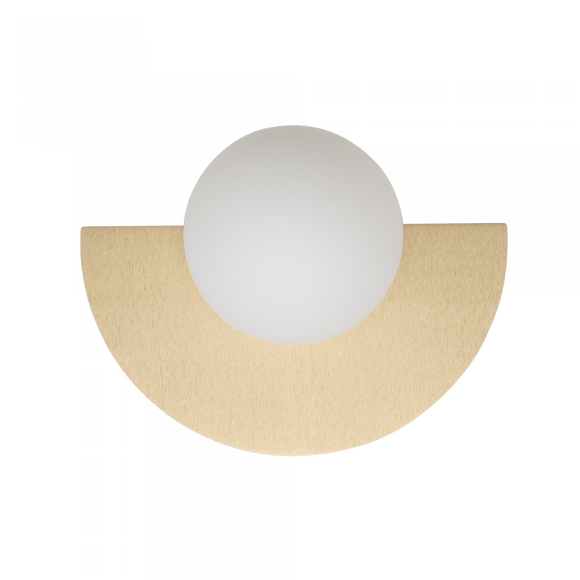 Lampa ścienna o nowoczesnym designie, składająca się z półokrągłej, złotej podstawy i białej, kulistej osłony na żarówkę.