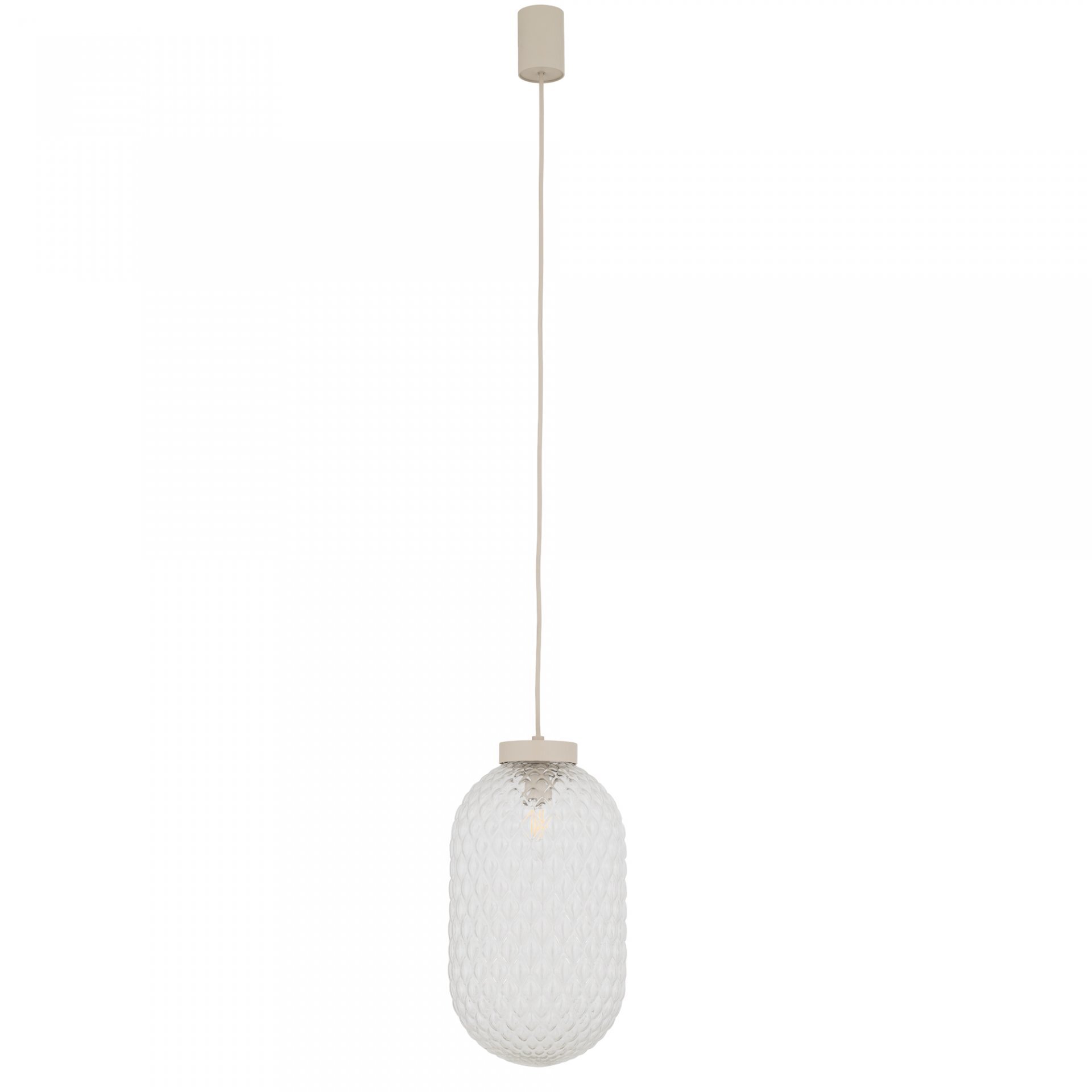 Lampa wisząca z przezroczystym, teksturowanym kloszem w kształcie owalnym, zawieszona na cienkim przewodzie. Elementy mocujące są w kolorze jasnym.