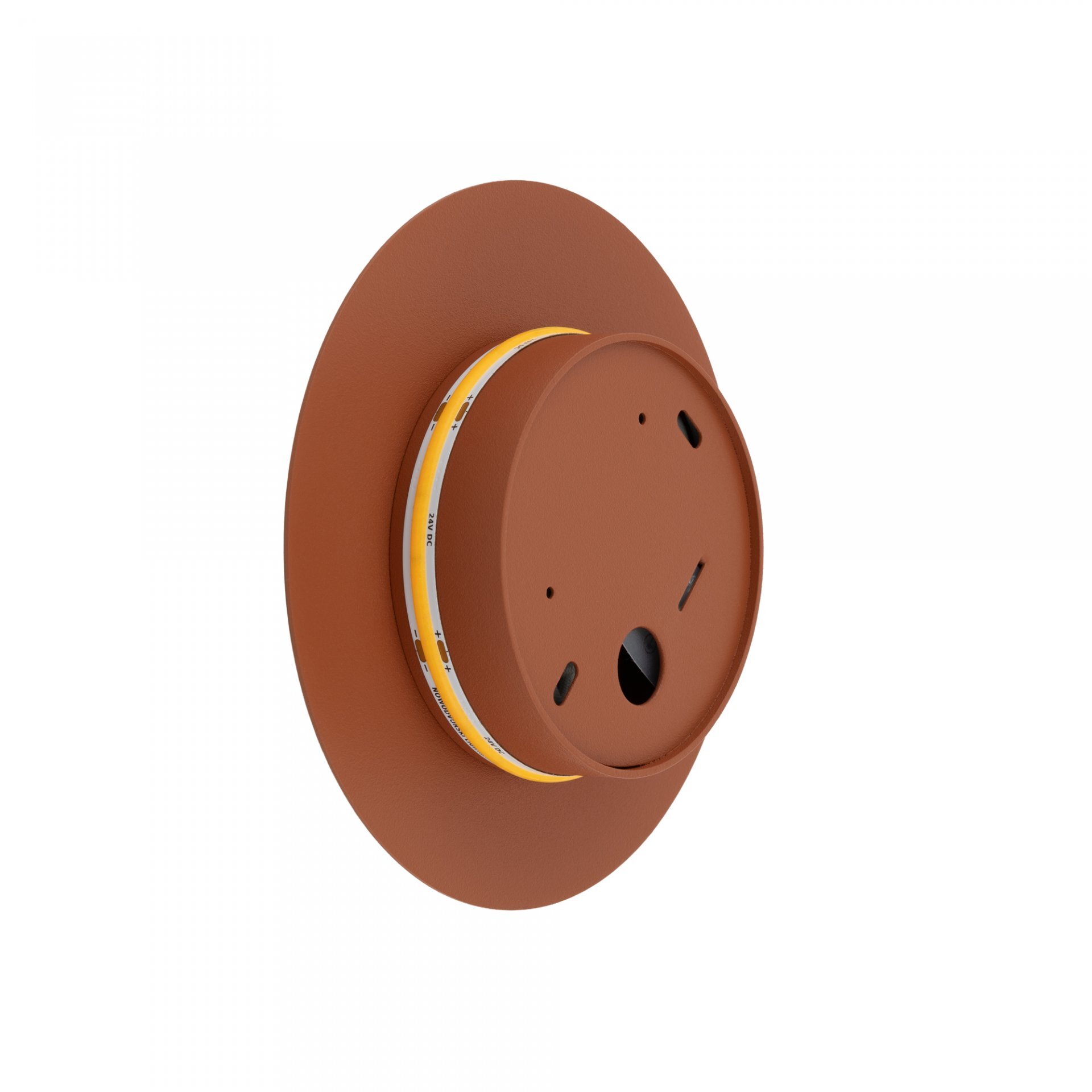 Obraz przedstawia okrągłą lampę ścienną w kolorze brązowym z widocznym paskiem LED na obwodzie. Lampa ma prosty, nowoczesny design.