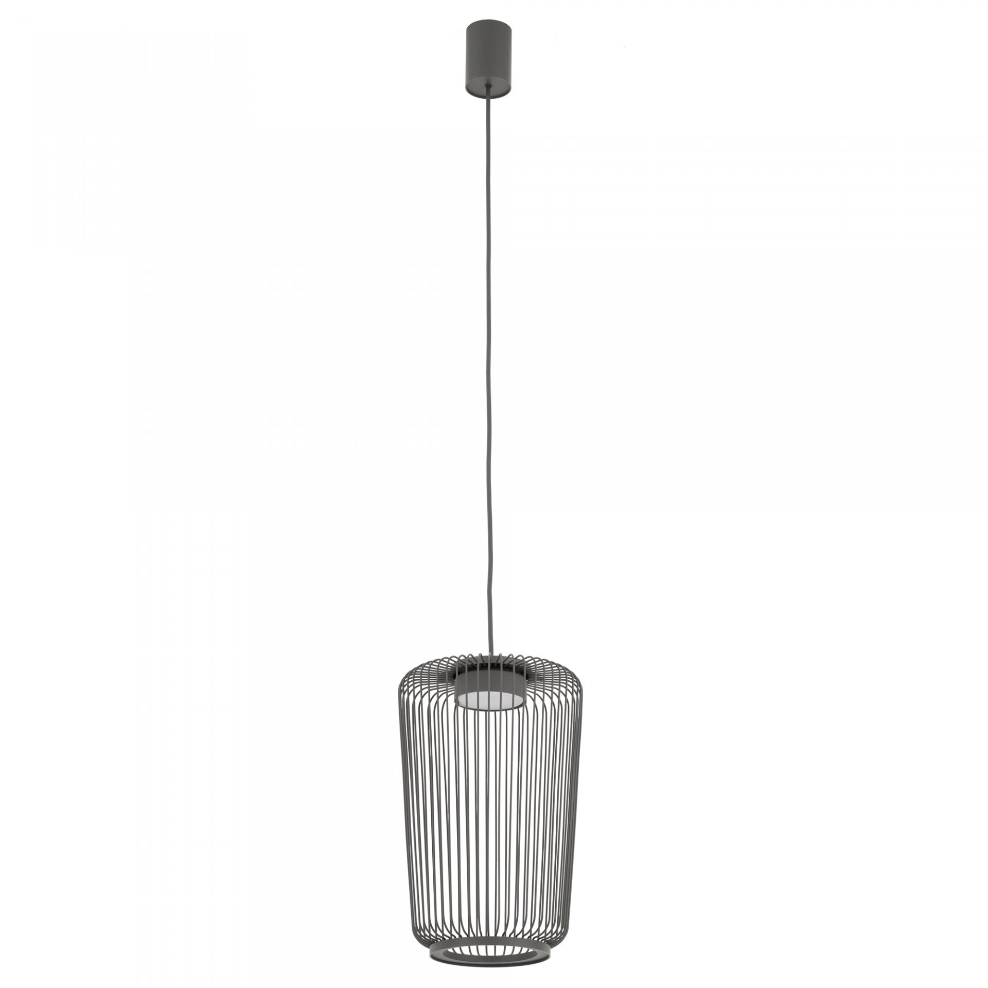 Lampa wisząca o nowoczesnym designie z metalowym kloszem w formie pionowych prętów. Klosz jest zawieszony na długim przewodzie z prostym mocowaniem sufitowym.
