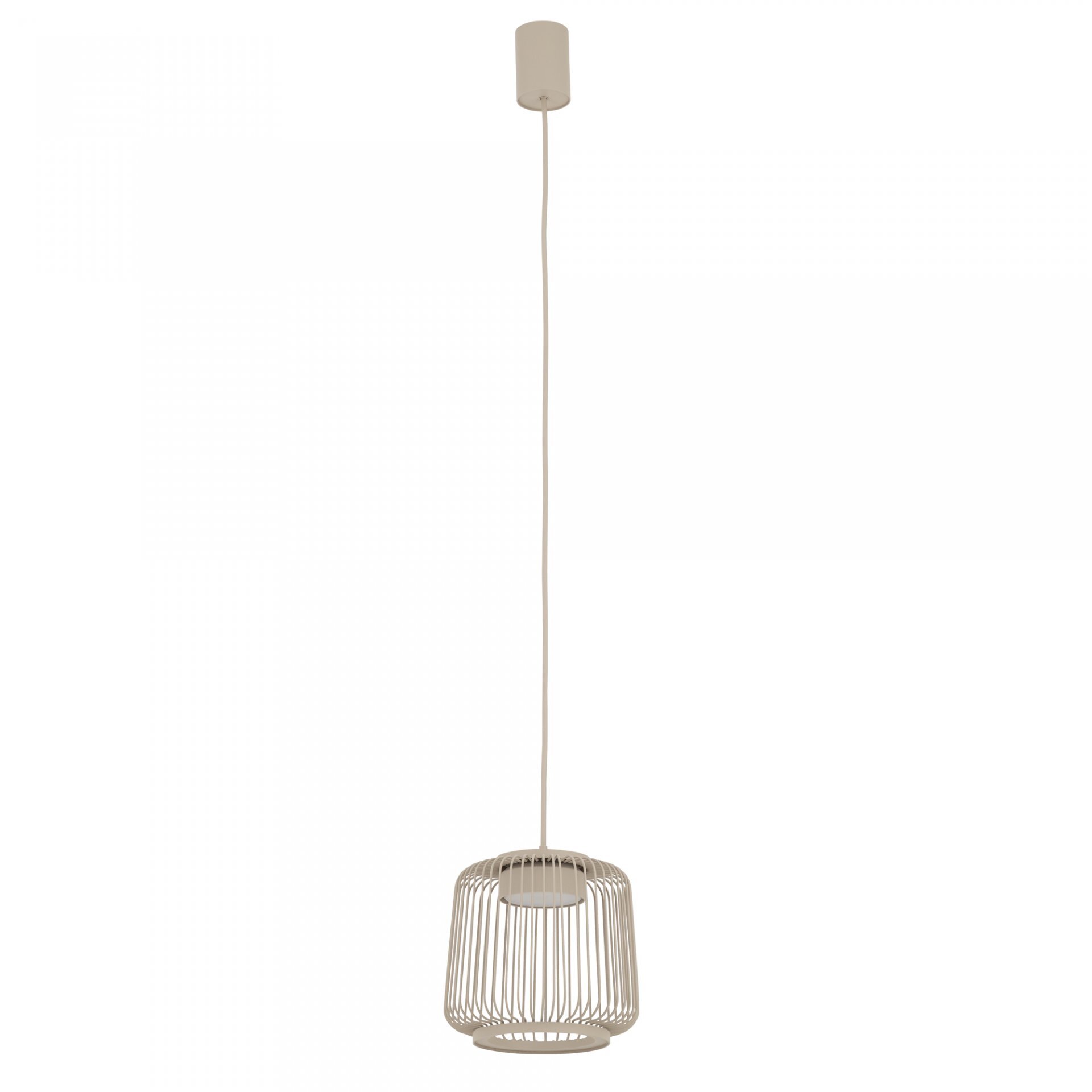Lampa wisząca z metalowym kloszem w kształcie klatki, zawieszona na długim przewodzie. Klosz ma jasny kolor i prostą, nowoczesną formę.