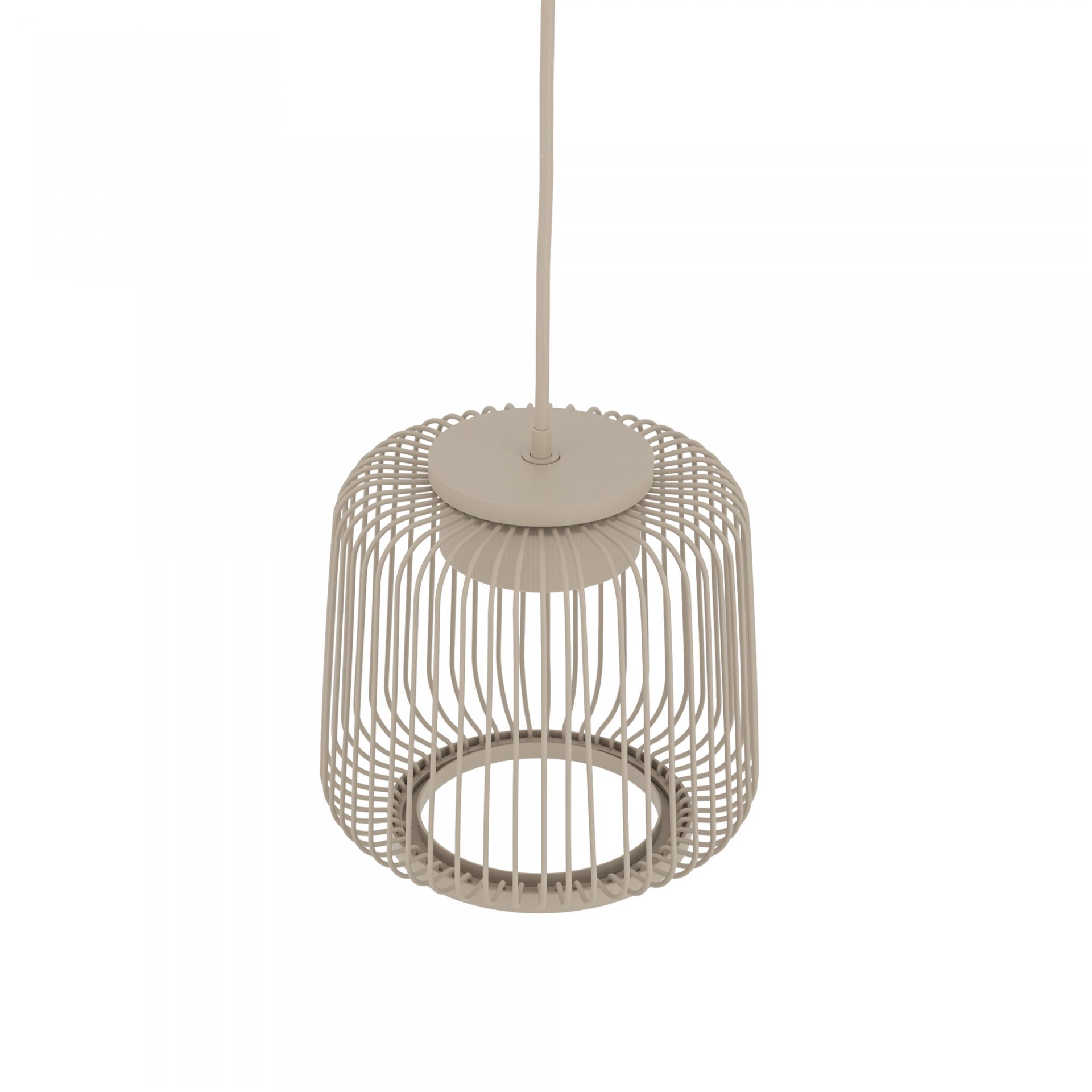 Lampa wisząca z metalowym kloszem w kształcie klatki, w kolorze beżowym, zawieszona na przewodzie.