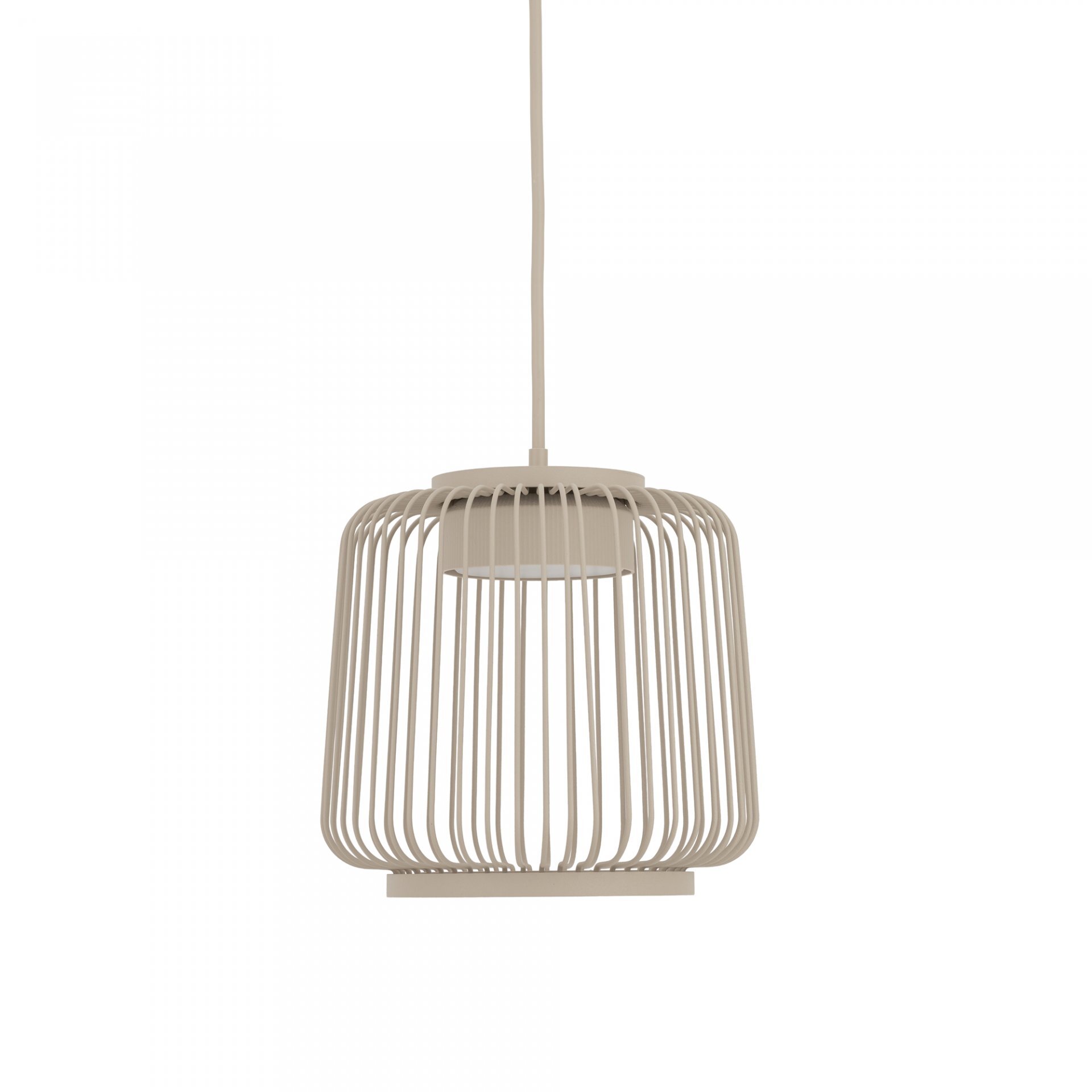 Lampa wisząca o nowoczesnym designie, wykonana z metalowych prętów w jasnym kolorze, z centralnie umieszczonym źródłem światła.