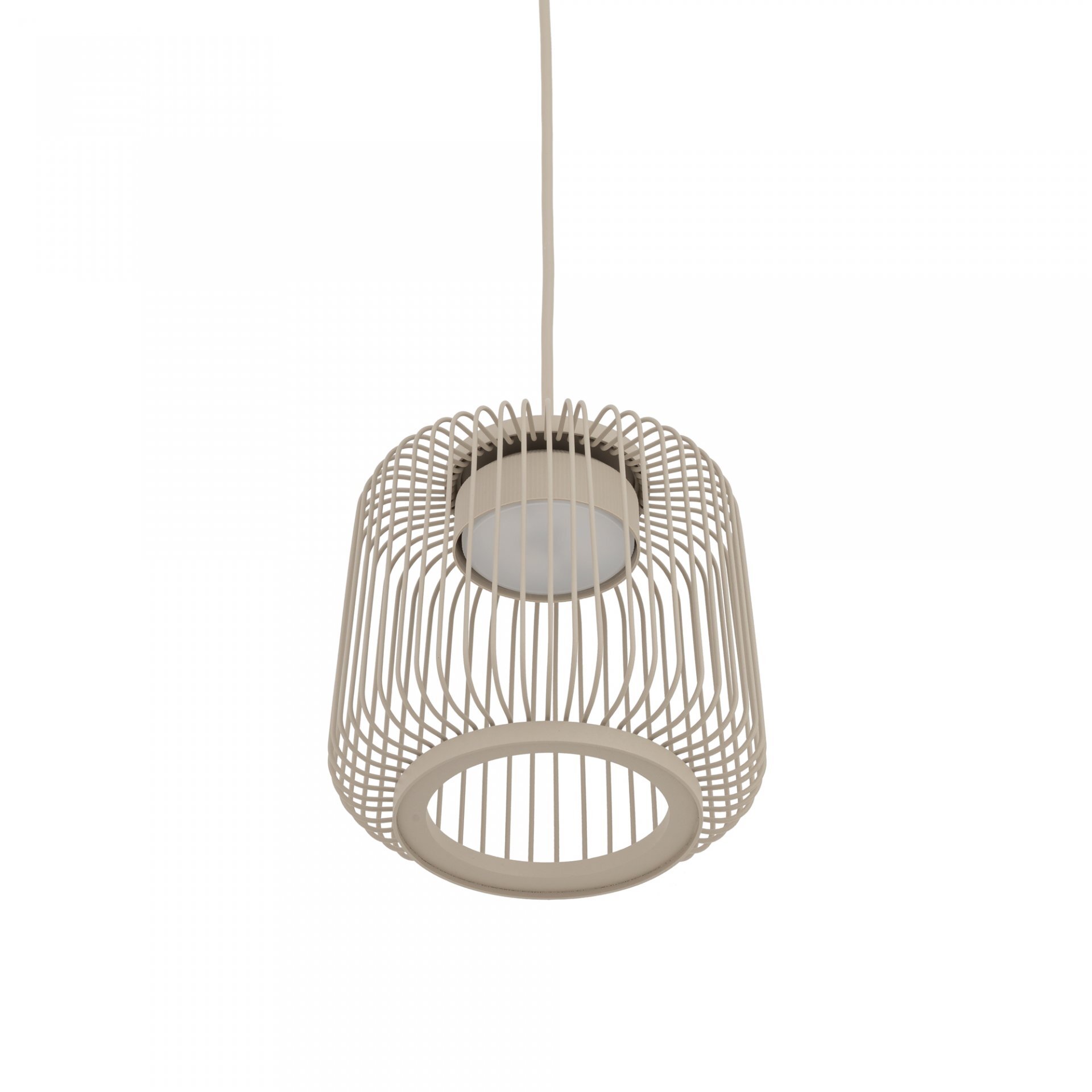 Lampa wisząca z metalowym kloszem w kształcie klatki, w kolorze beżowym, z widocznym przewodem zasilającym.