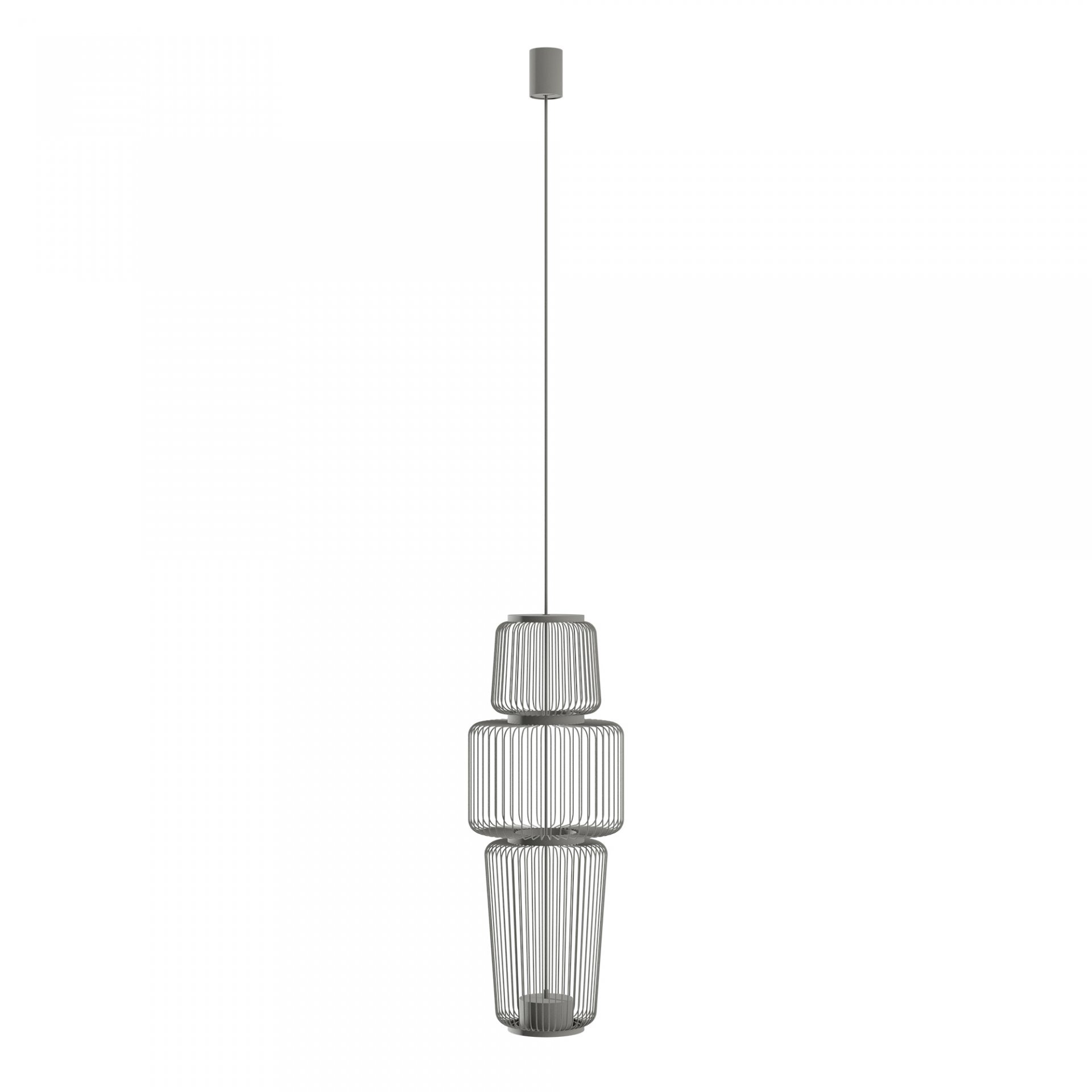 Lampa wisząca o nowoczesnym designie, składająca się z trzech metalowych kloszy o ażurowej konstrukcji, zawieszona na cienkim przewodzie.