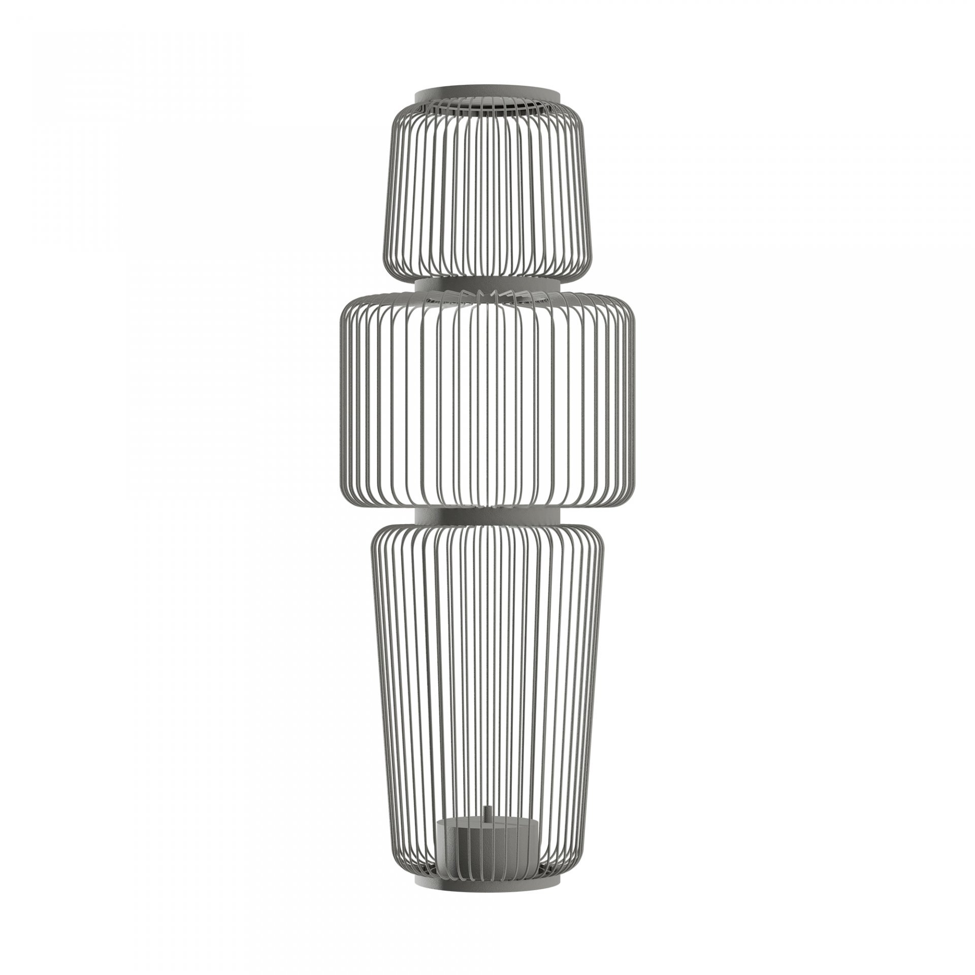 Lampa wisząca o nowoczesnym designie, składająca się z trzech metalowych kloszy w kształcie walców, ułożonych jeden na drugim. Klosze mają ażurową konstrukcję z cienkich prętów.