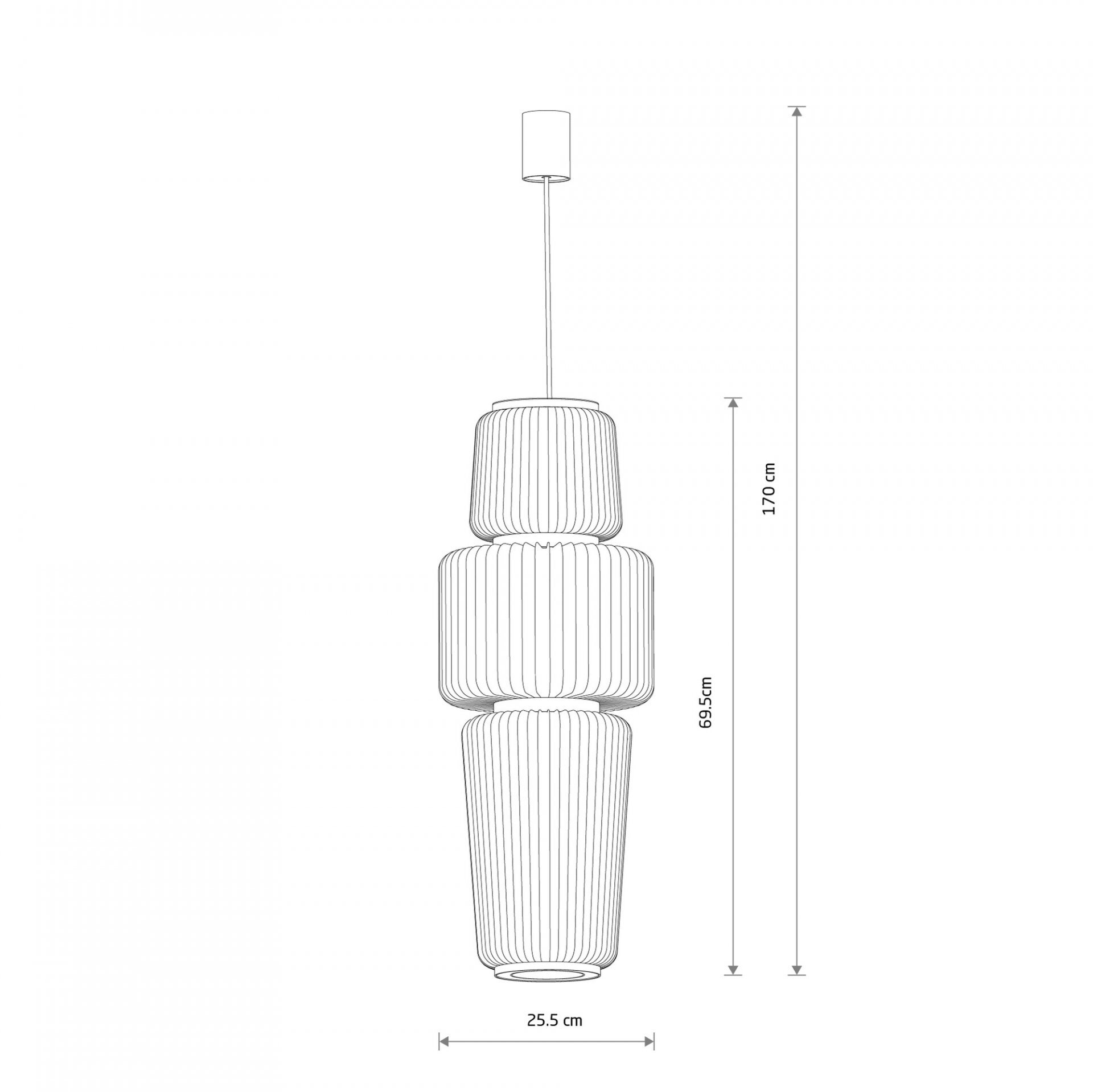 Schematyczny rysunek lampy wiszącej z wymiarami: wysokość całkowita 170 cm, wysokość klosza 69,5 cm, średnica 25,5 cm.
