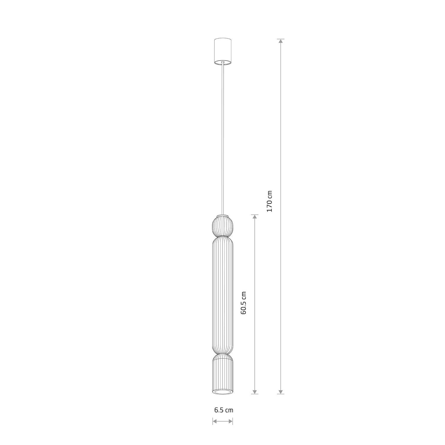 Schematyczny rysunek lampy wiszącej z wymiarami: wysokość całkowita 170 cm, długość klosza 60,5 cm, średnica 6,5 cm.